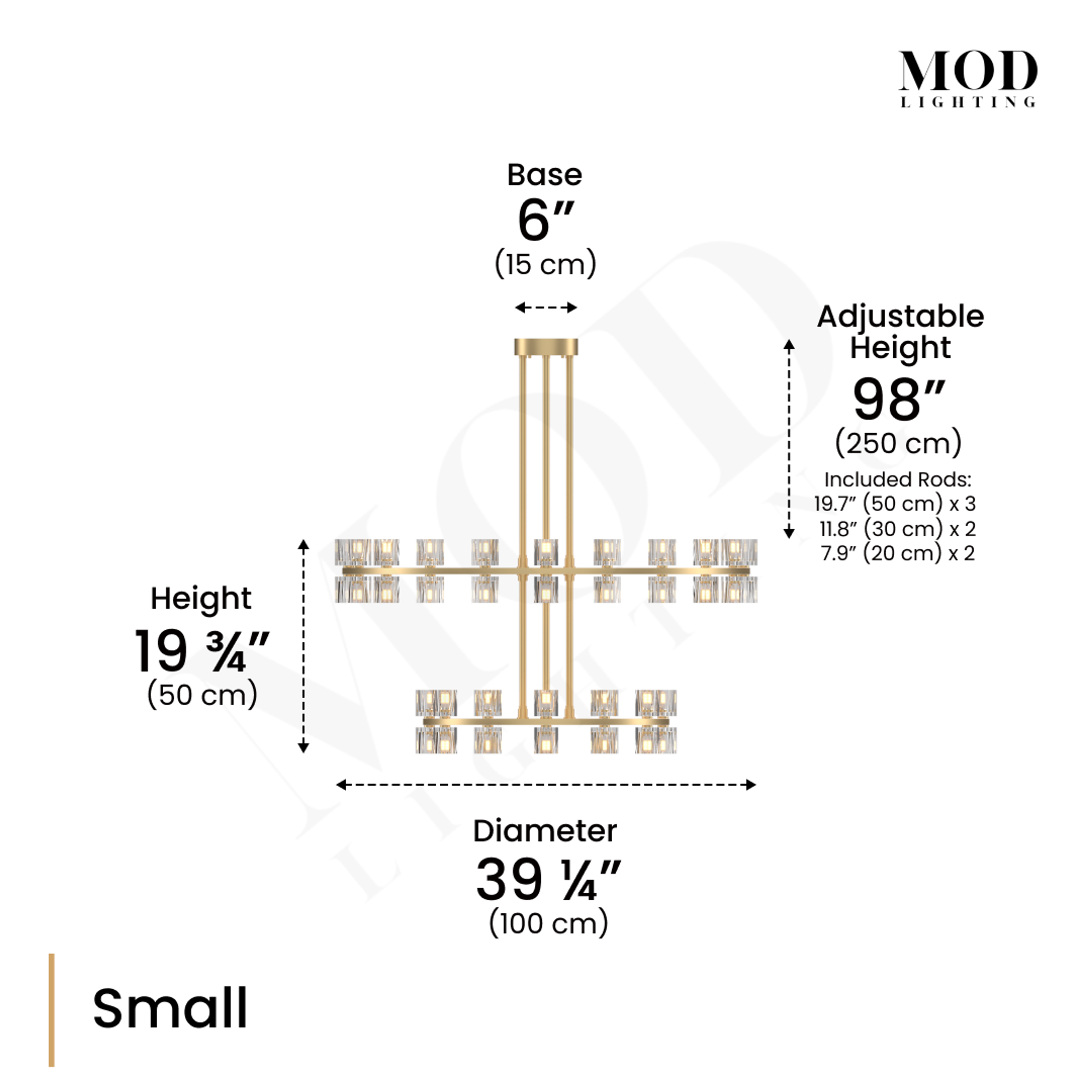 Sunset crystal chandelier dimensions, Small: 19.75in height, 39.25in diameter, 98in adjustable drop