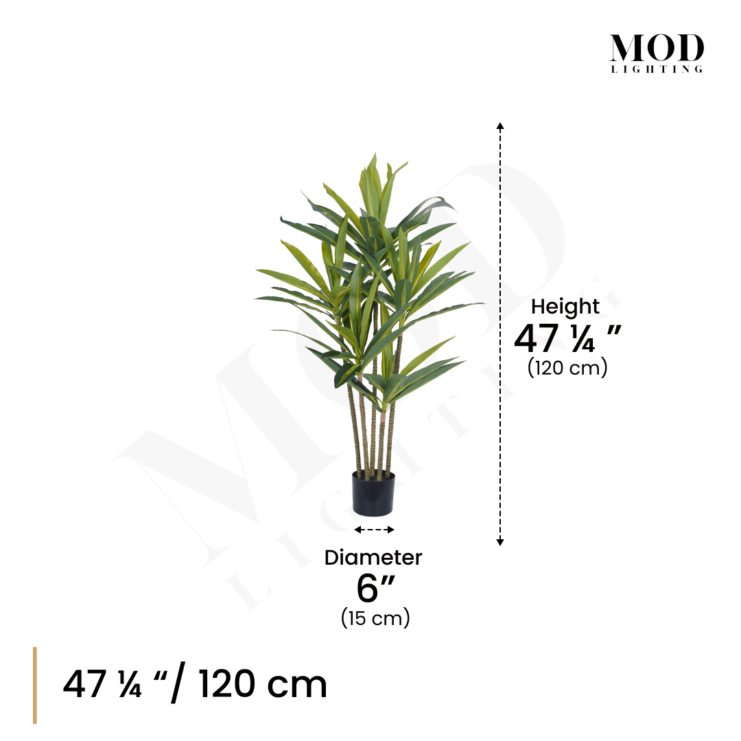 Dracaena artificial plant in a black pot, dimension diagram: 47.25 in / 120 cm height, 6 in diameter