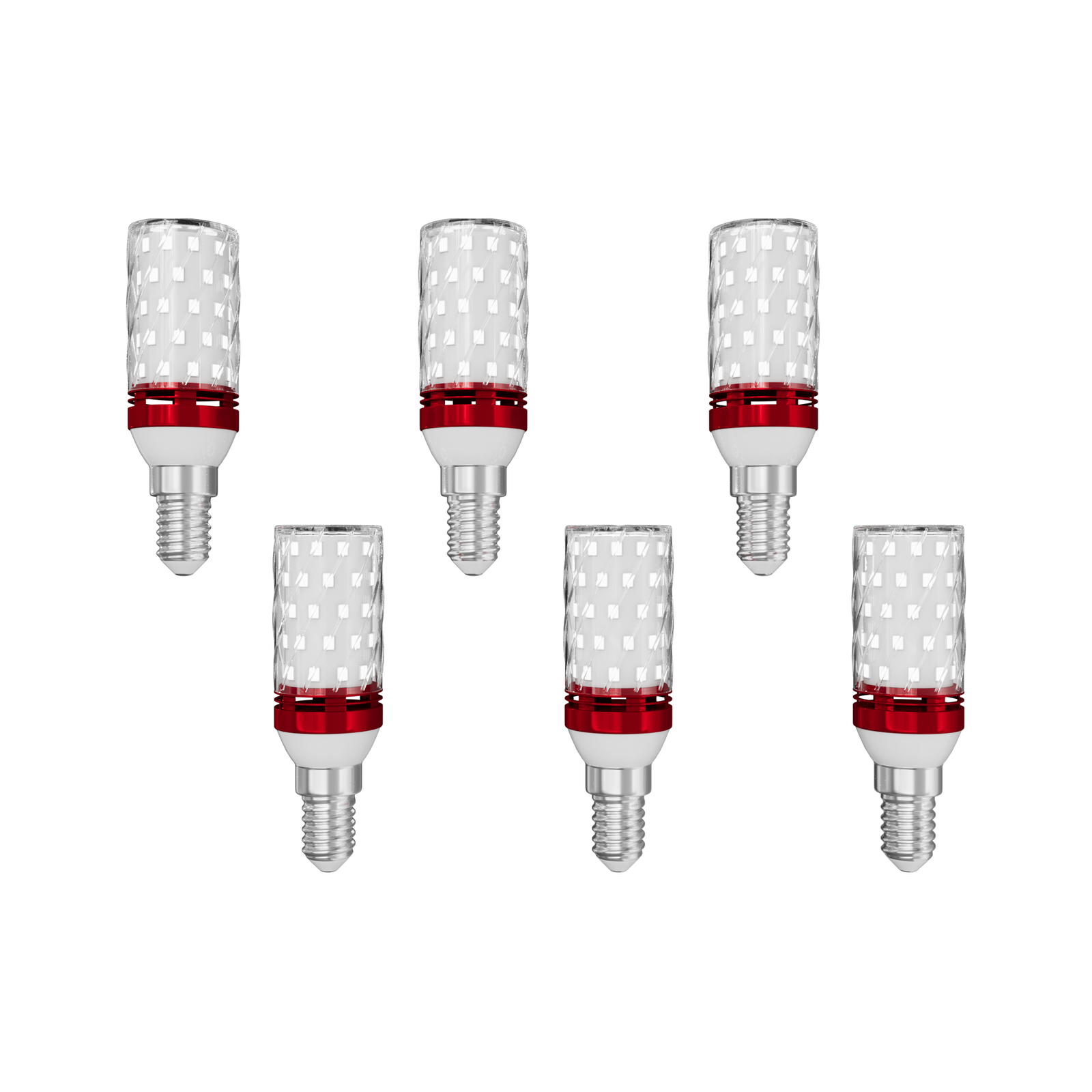 Set of six E14 LED bulbs with red bands and small screw bases on white