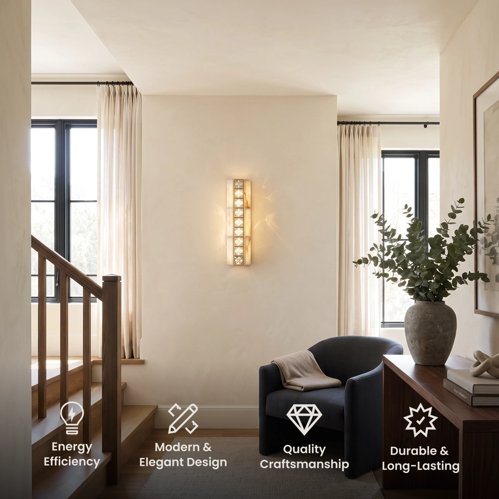 Seraphine Sconce Smart crystal and alabaster wall sconce beside a staircase, with feature icons