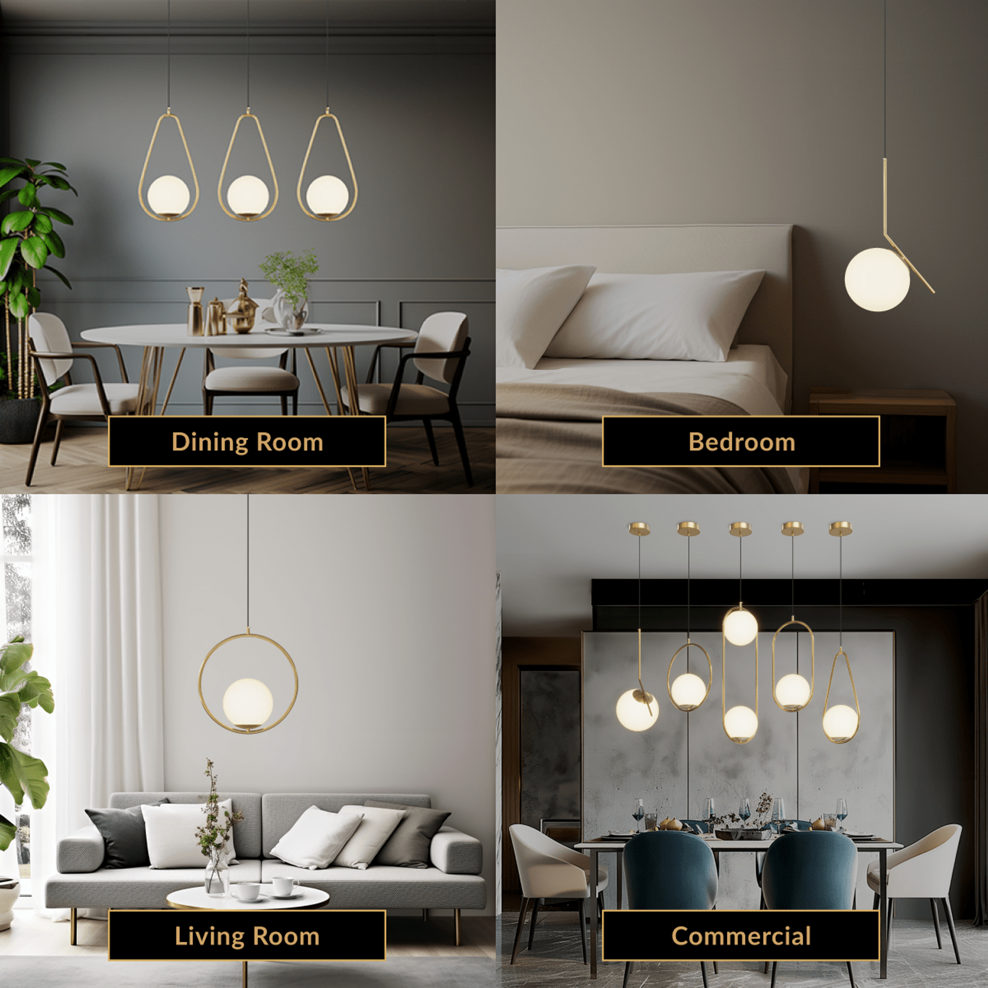 Jewels & Pearls pendant, brushed-gold stem with white glass globe and small spheres over a dining table