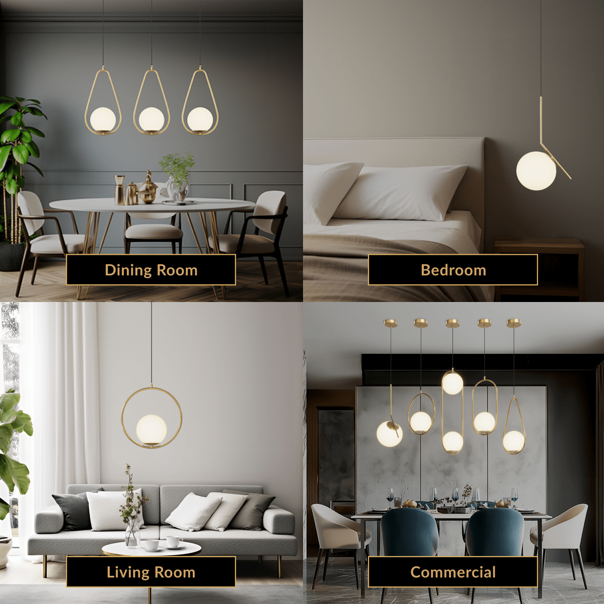 Jewels & Pearls pendant, brushed-gold stem with white glass globe and small spheres over a dining table