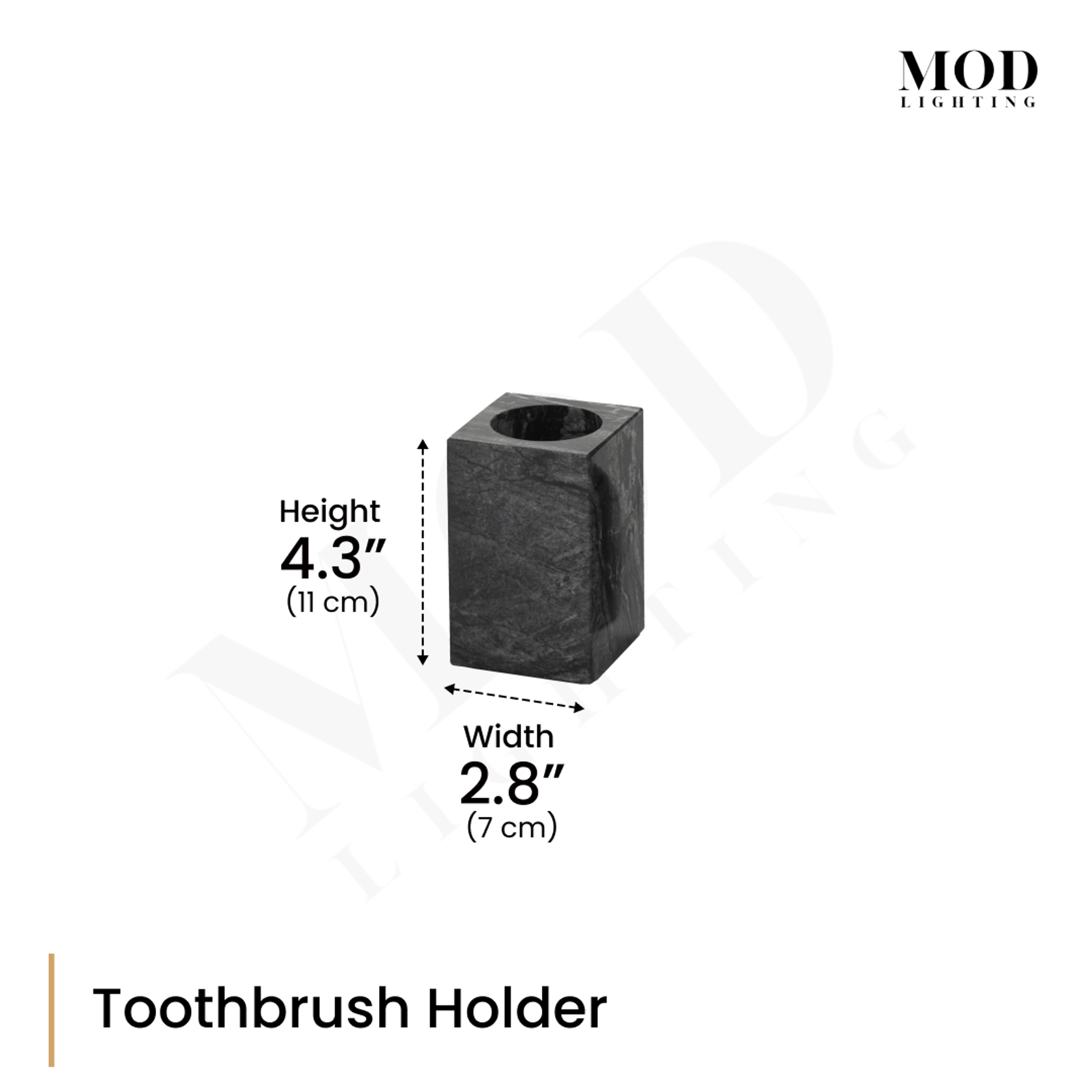 Timber Vein Marble Bath Set toothbrush holder, dimension diagram of the black veined-marble cube: 4.3 in high, 2.8 in wide