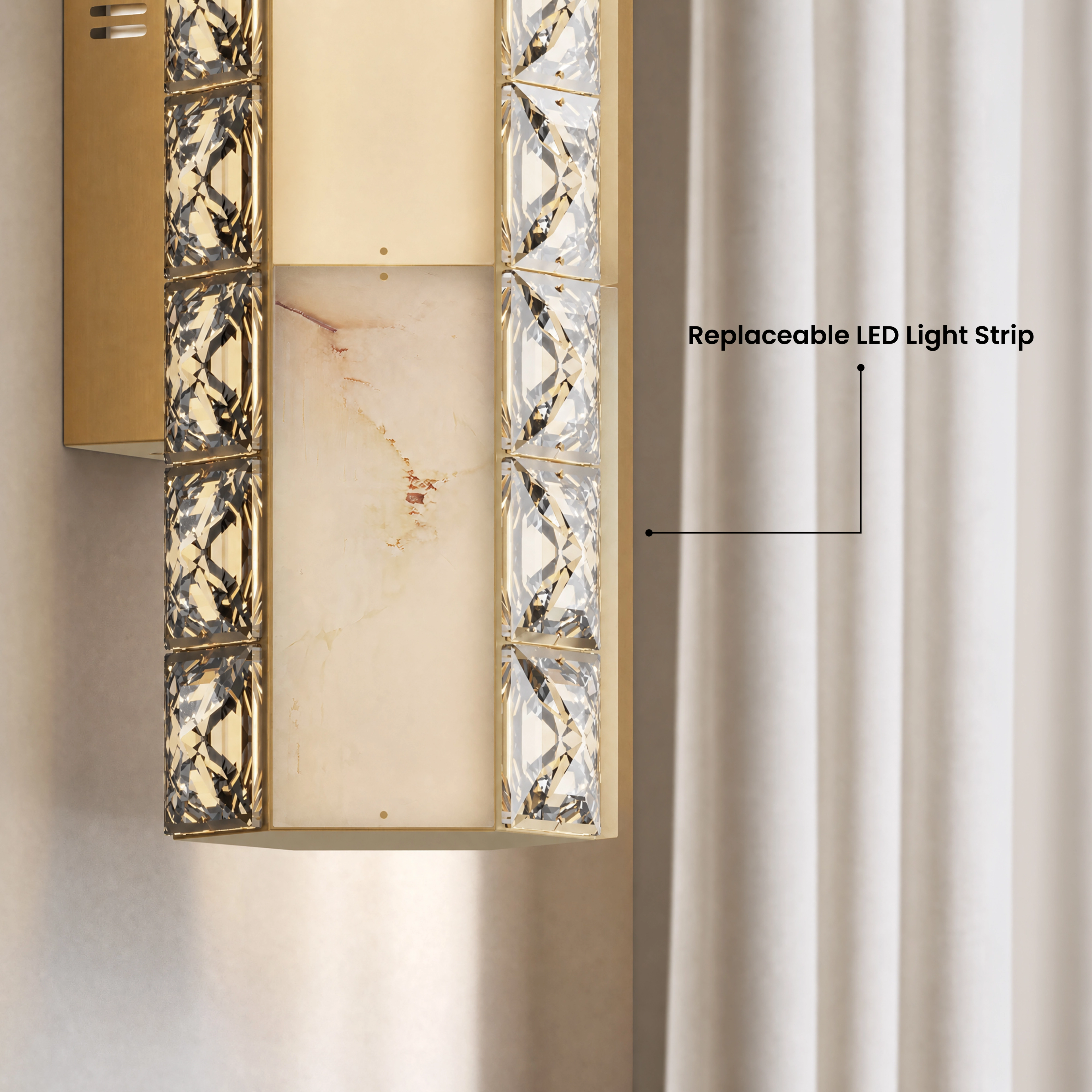 Seraphine Sconce Smart crystal and alabaster panel close-up, labeled replaceable LED light strip