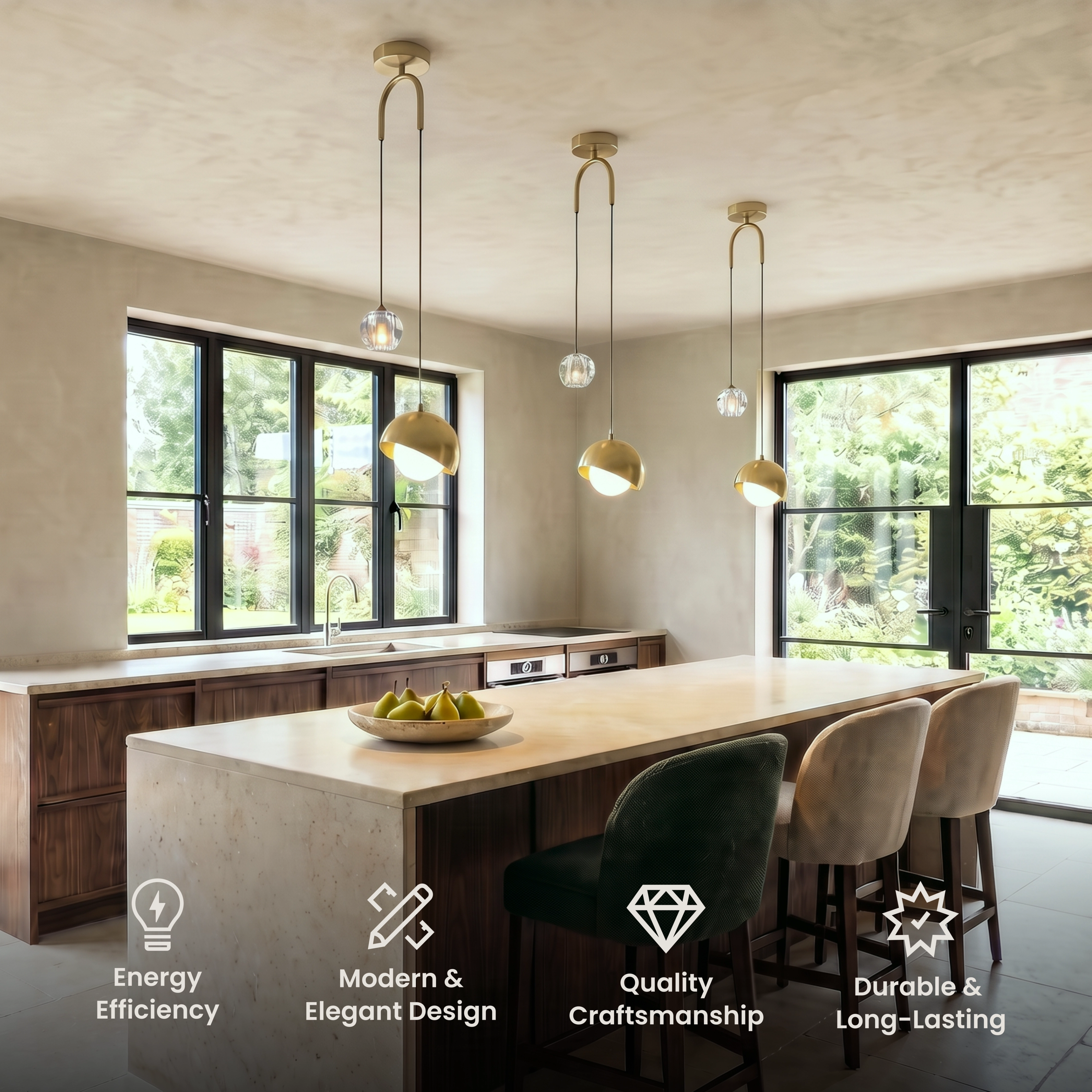 Diana row of gold and clear-glass pendant lights over a table in a warm-toned room