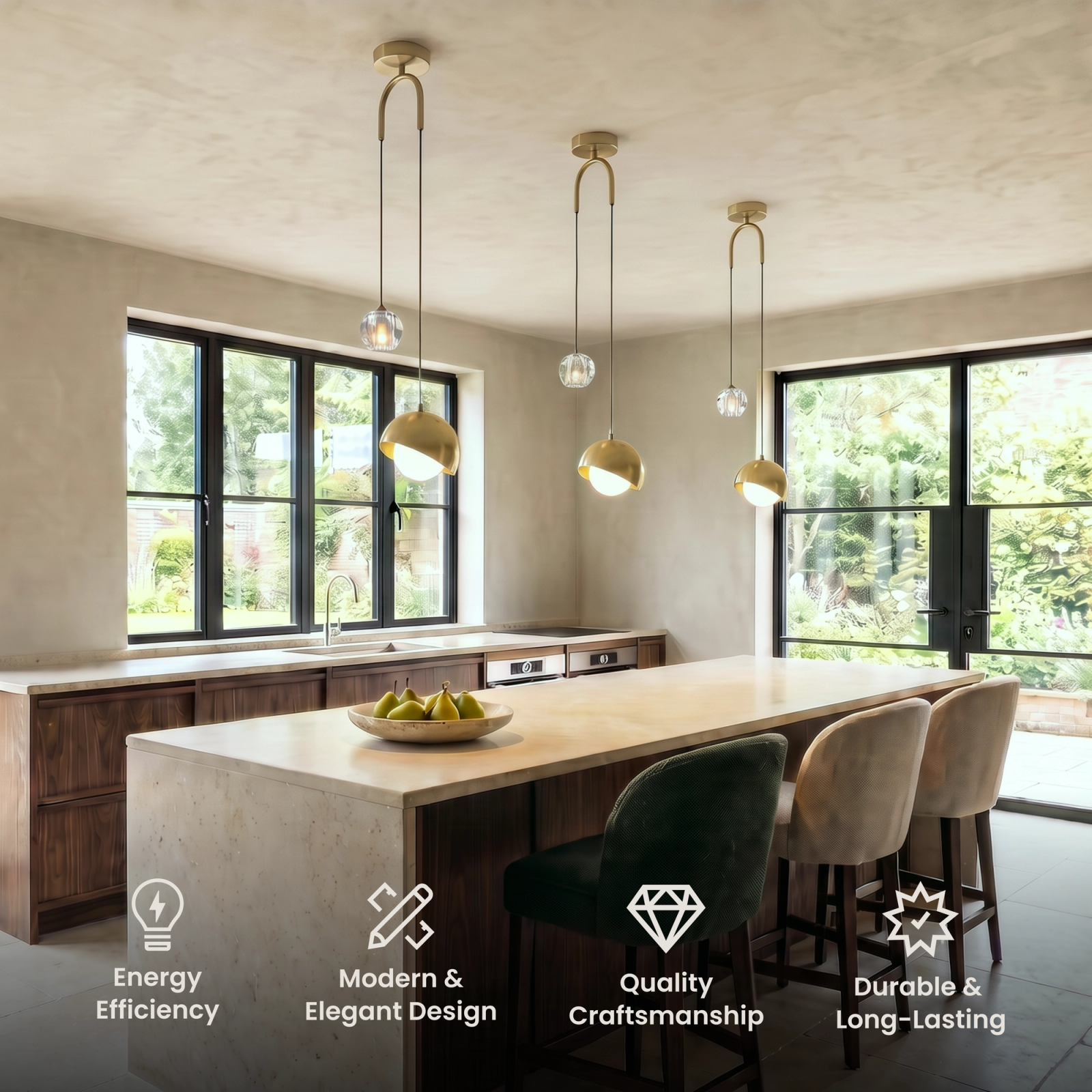 Diana row of gold and clear-glass pendant lights over a table in a warm-toned room