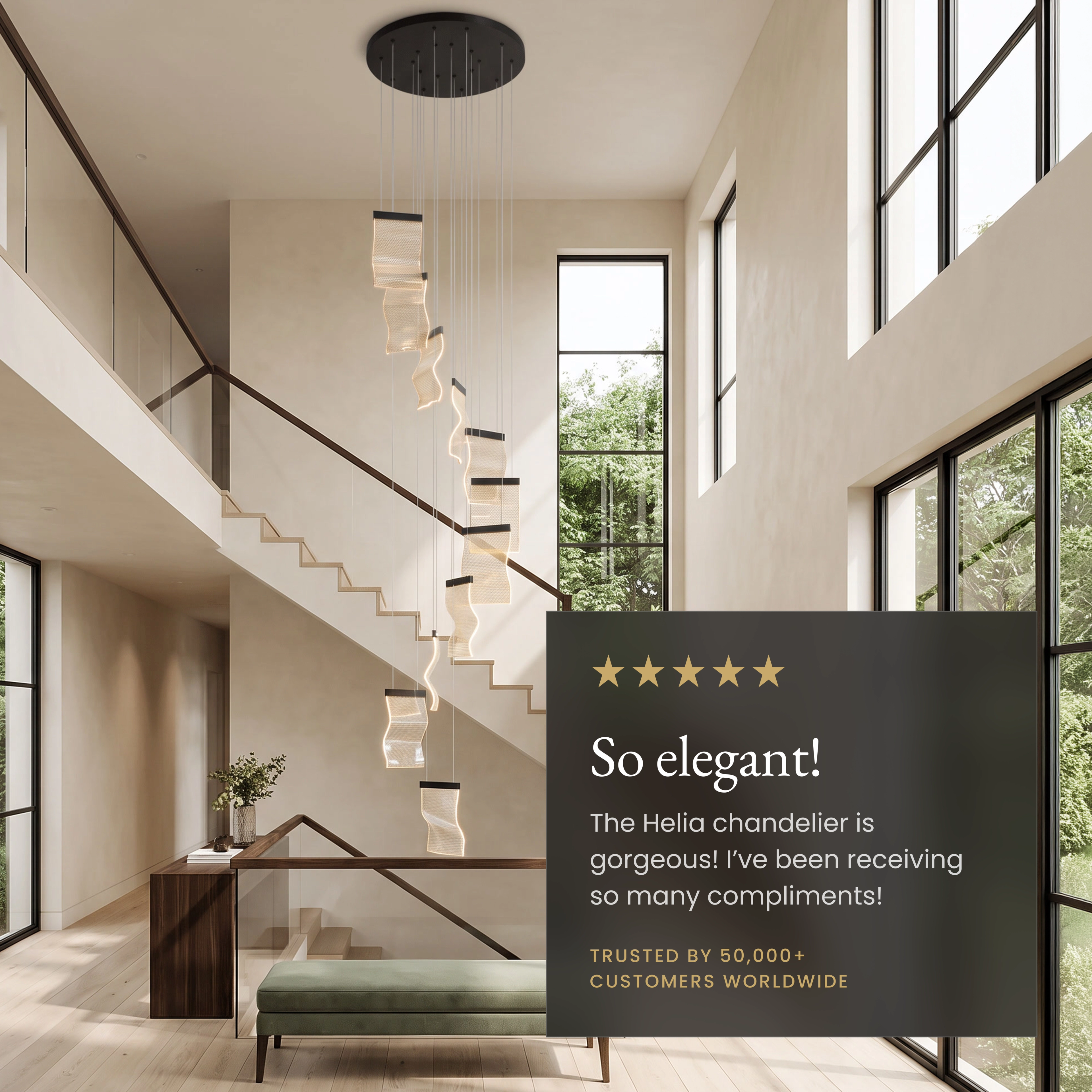 Helia cascading chandelier of ribbed glass panels descending a curved staircase, feature callouts