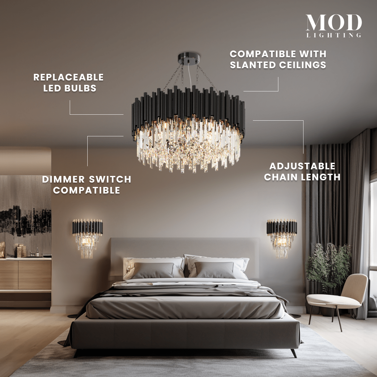 Obsidian crystal chandelier, black tubular drum with cascading crystals, against a marble wall
