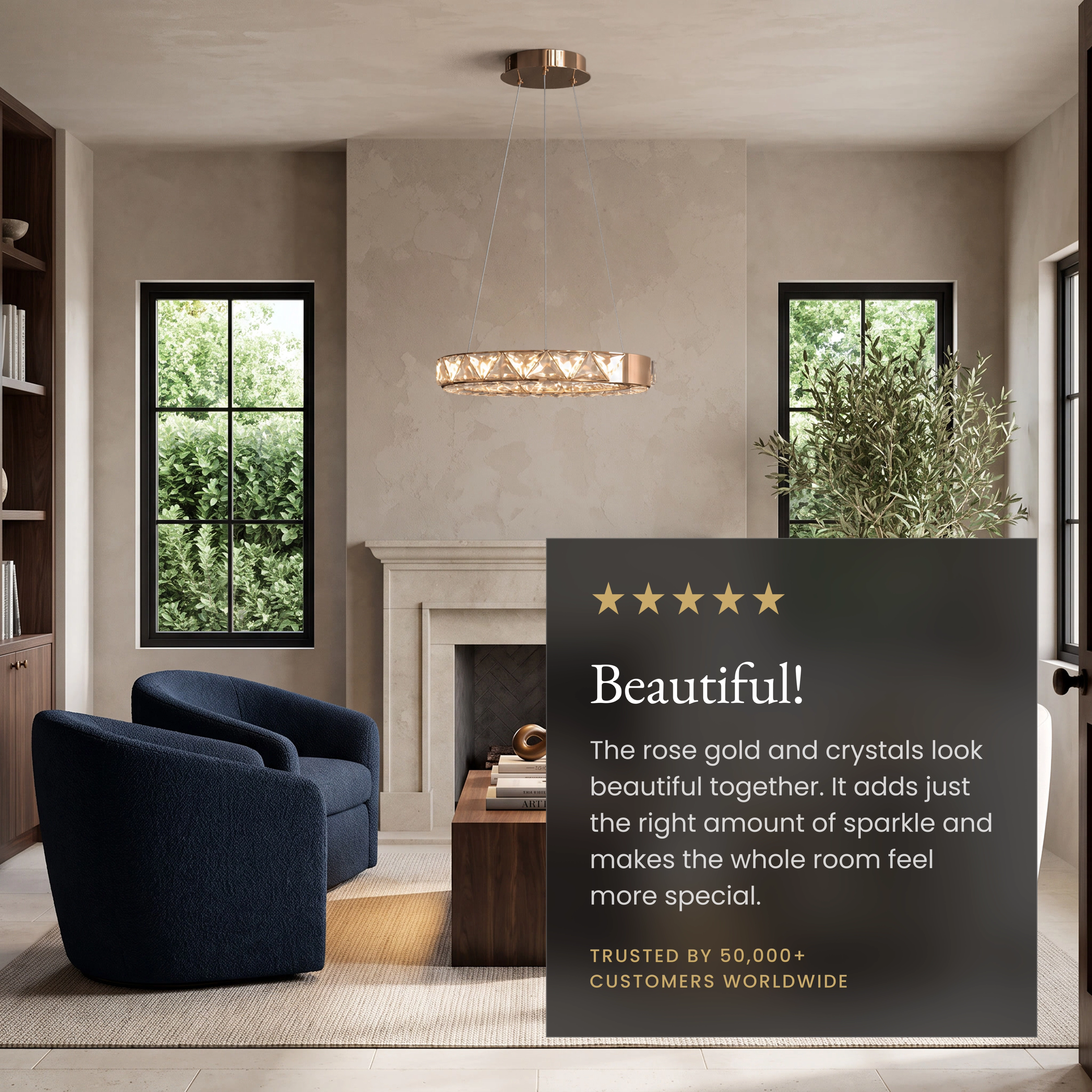 Jana crystal ring chandelier over a round dining table, noting slanted-ceiling and dimmer compatibility