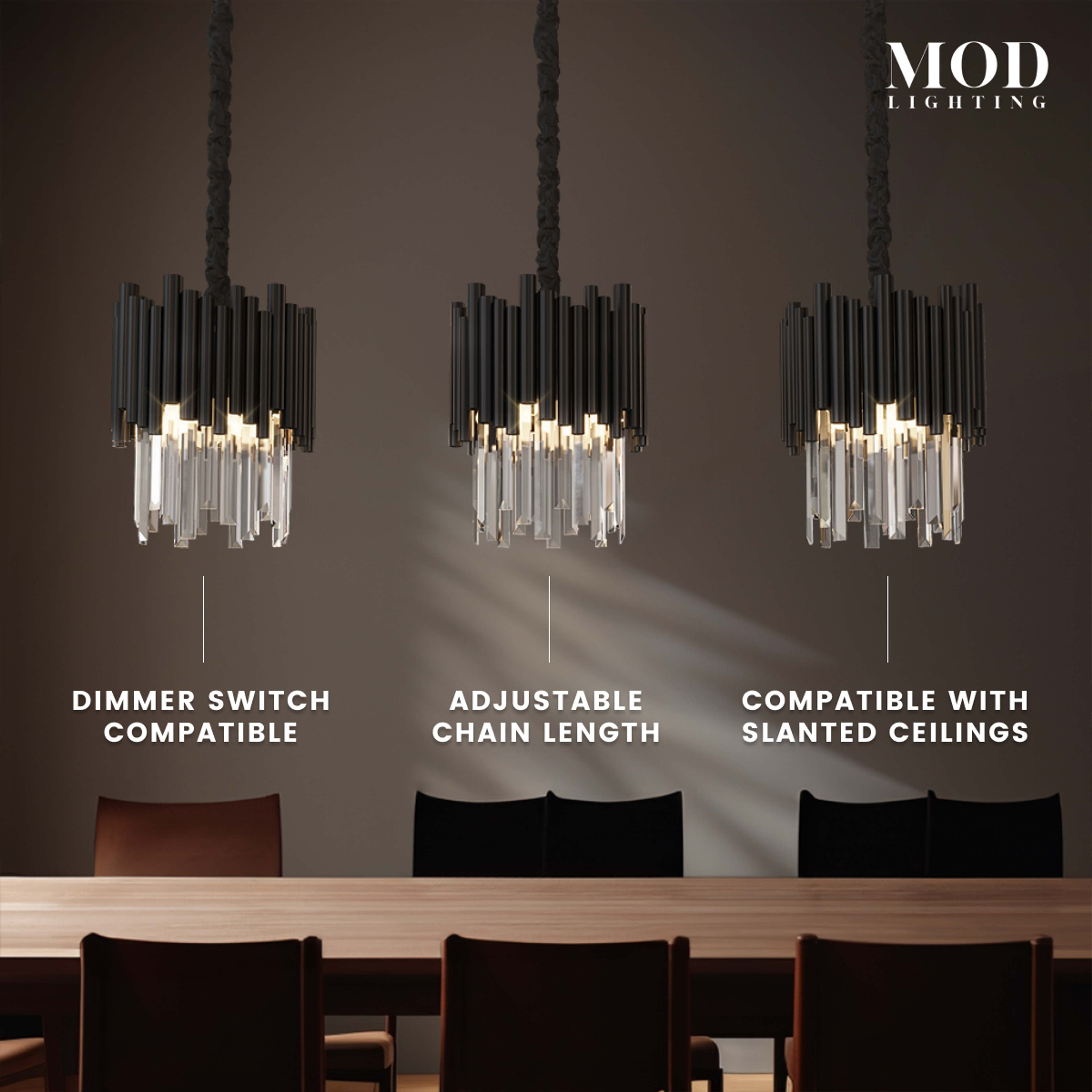 Mini Obsidian black crystal pendants over a dining table, showing dimmer, chain and slanted-ceiling features