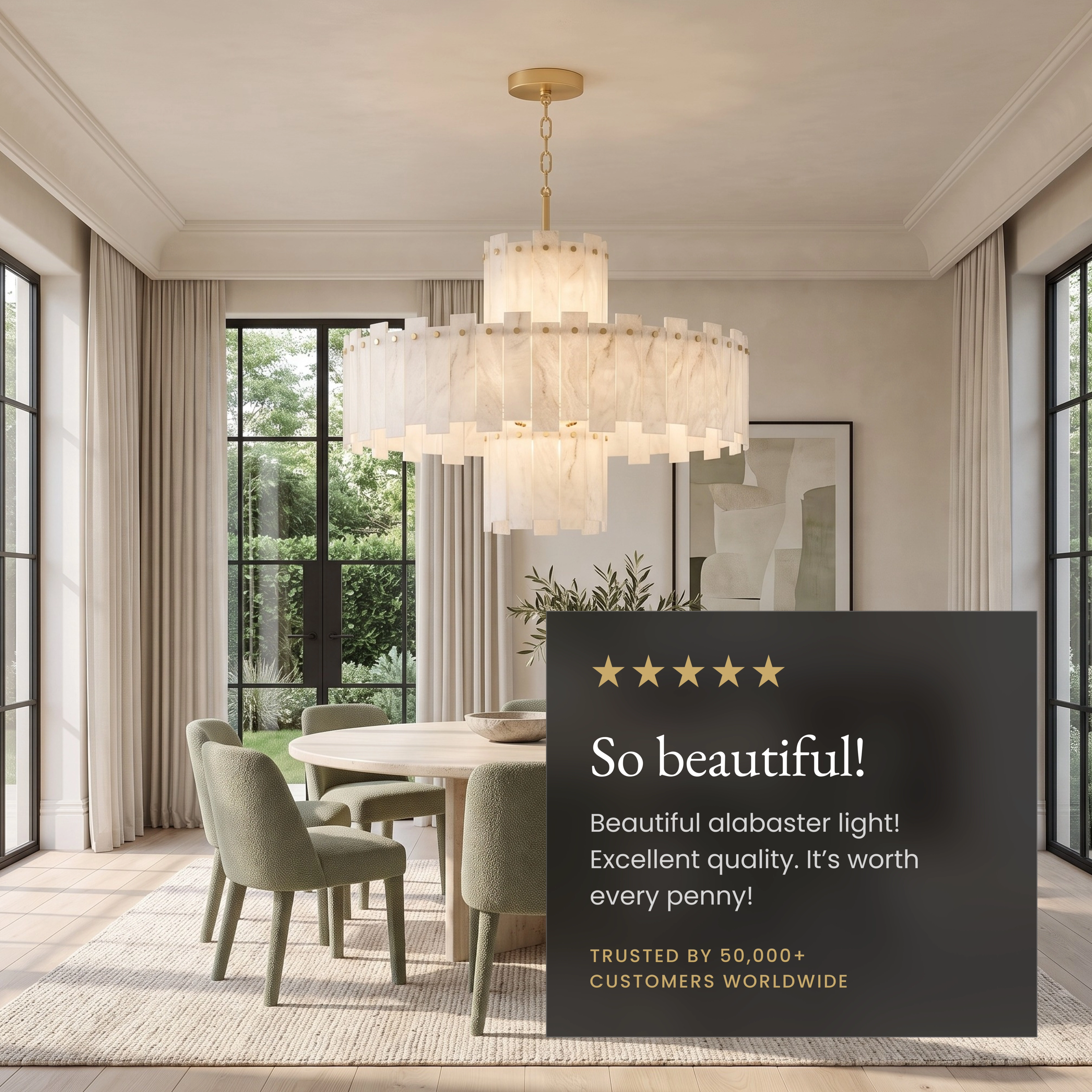 Velina gold alabaster chandelier, tiered stacked panels of white alabaster over a round dining table