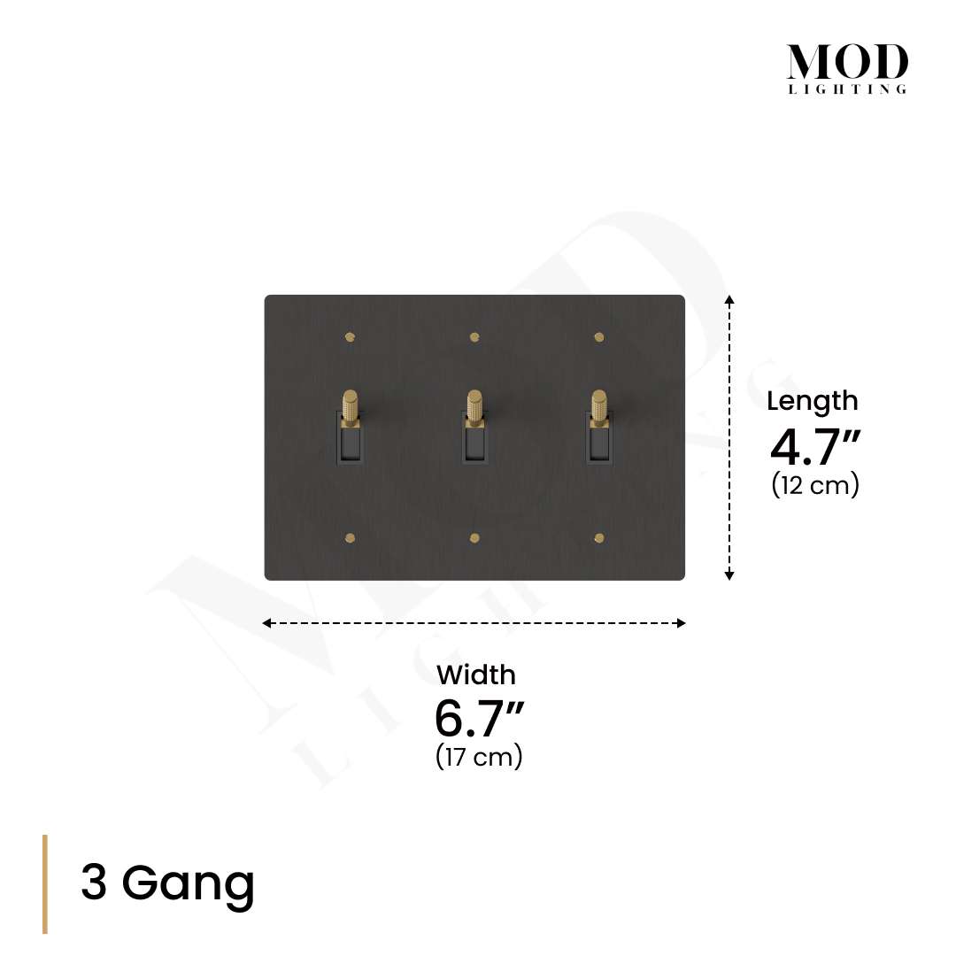 Modern Toggle Switch dimension diagram, 3-gang: 4.7" by 6.7" black plate with three brass toggles