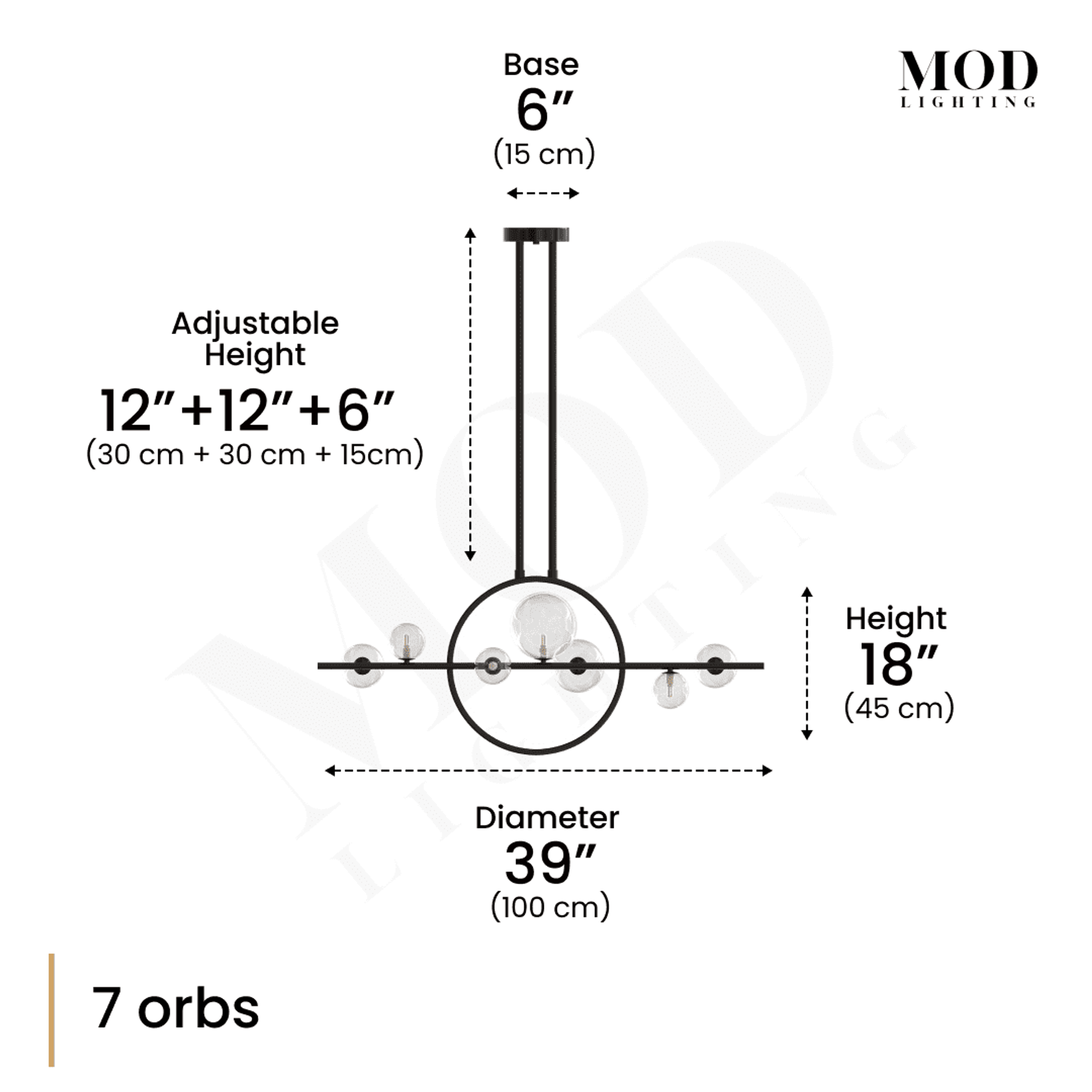 Hailey chandelier dimension diagram, 7 orbs, 39" diameter, 18" height, adjustable drop, 6" base