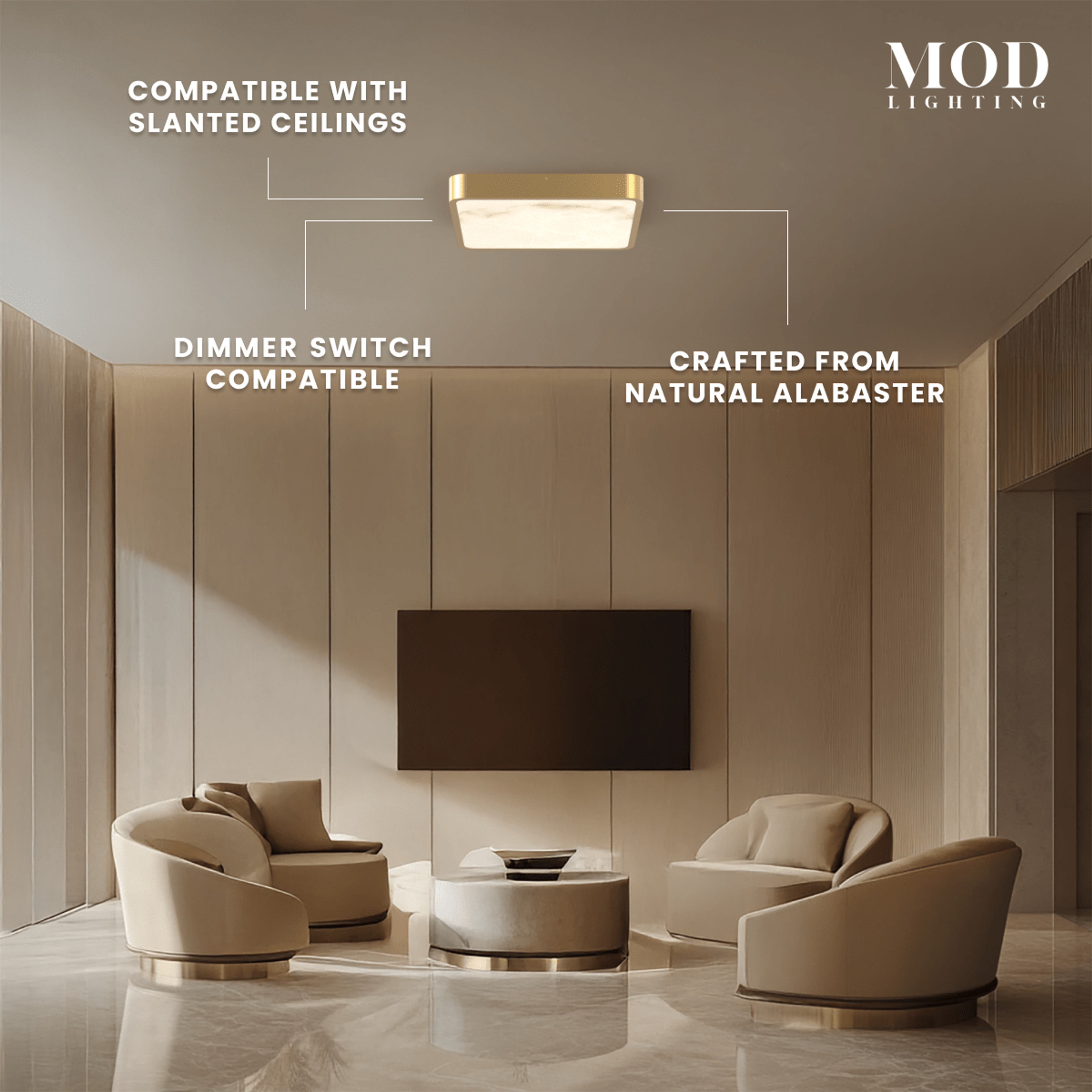 Selene gold square alabaster flush-mount ceiling light on a high ceiling in a sitting room