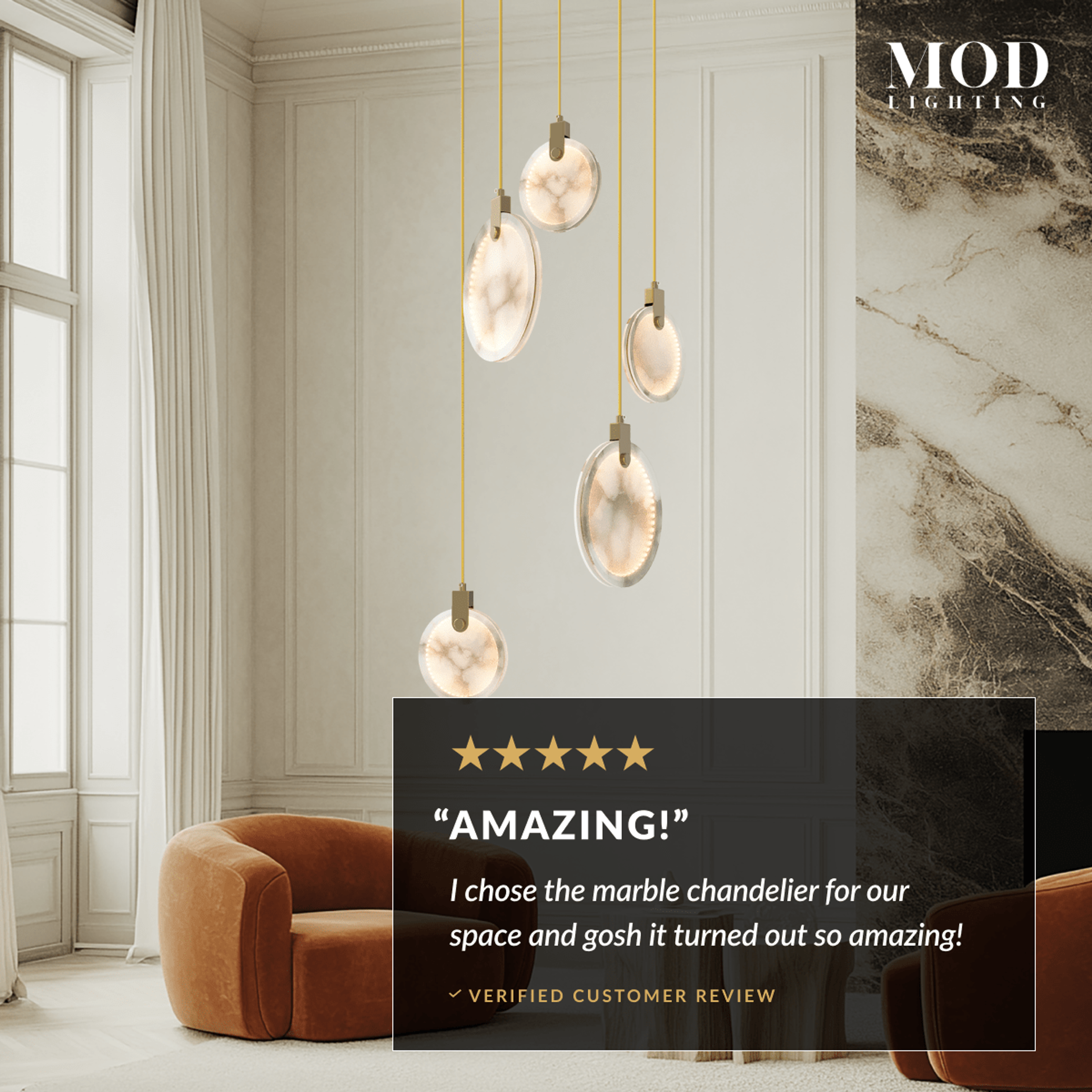 Marble alabaster-disc pendant cluster of five glowing discs hanging in a tall paneled corner