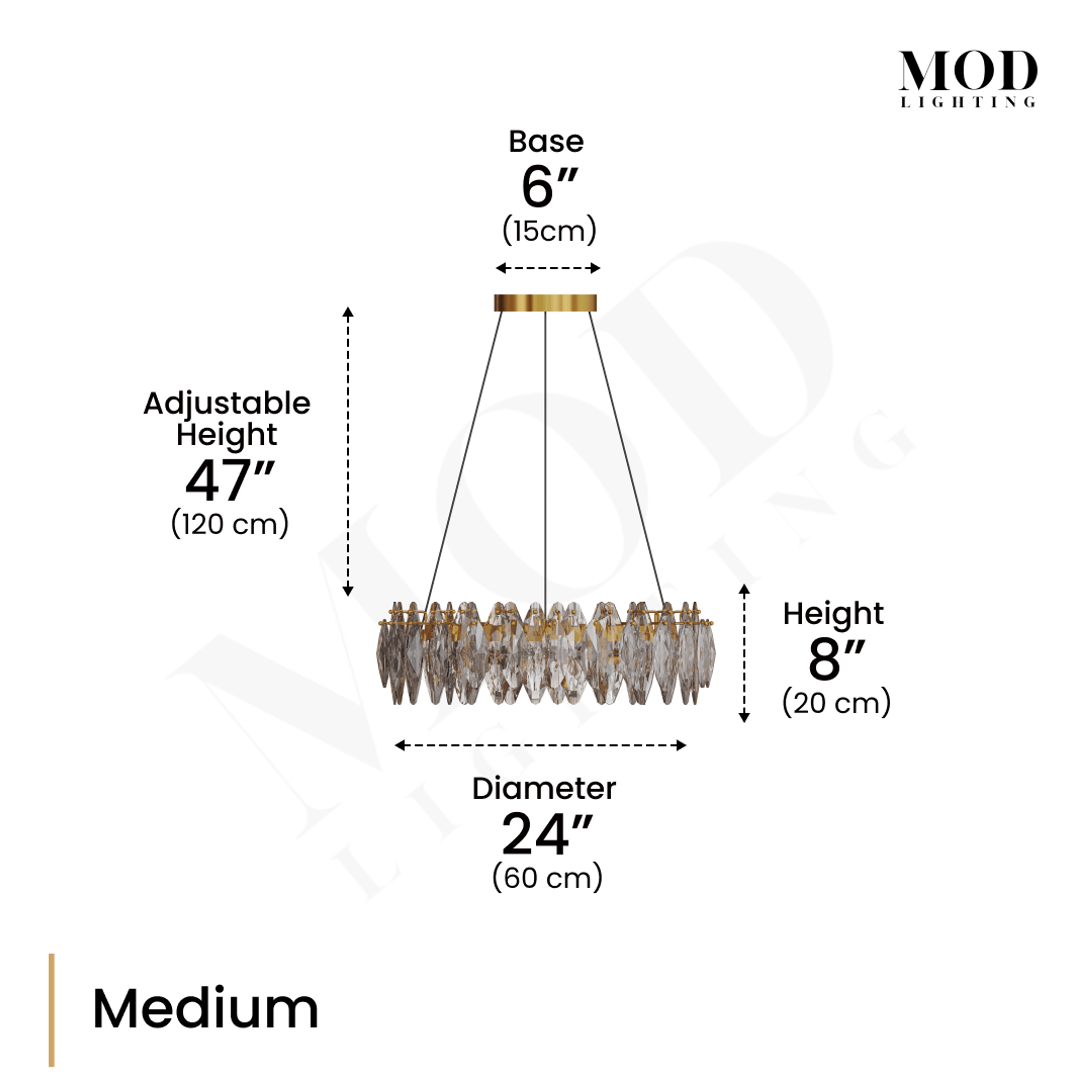 Celestial Medium crystal chandelier dimension diagram: 6" base, 24" diameter, 8" tall, 47" drop