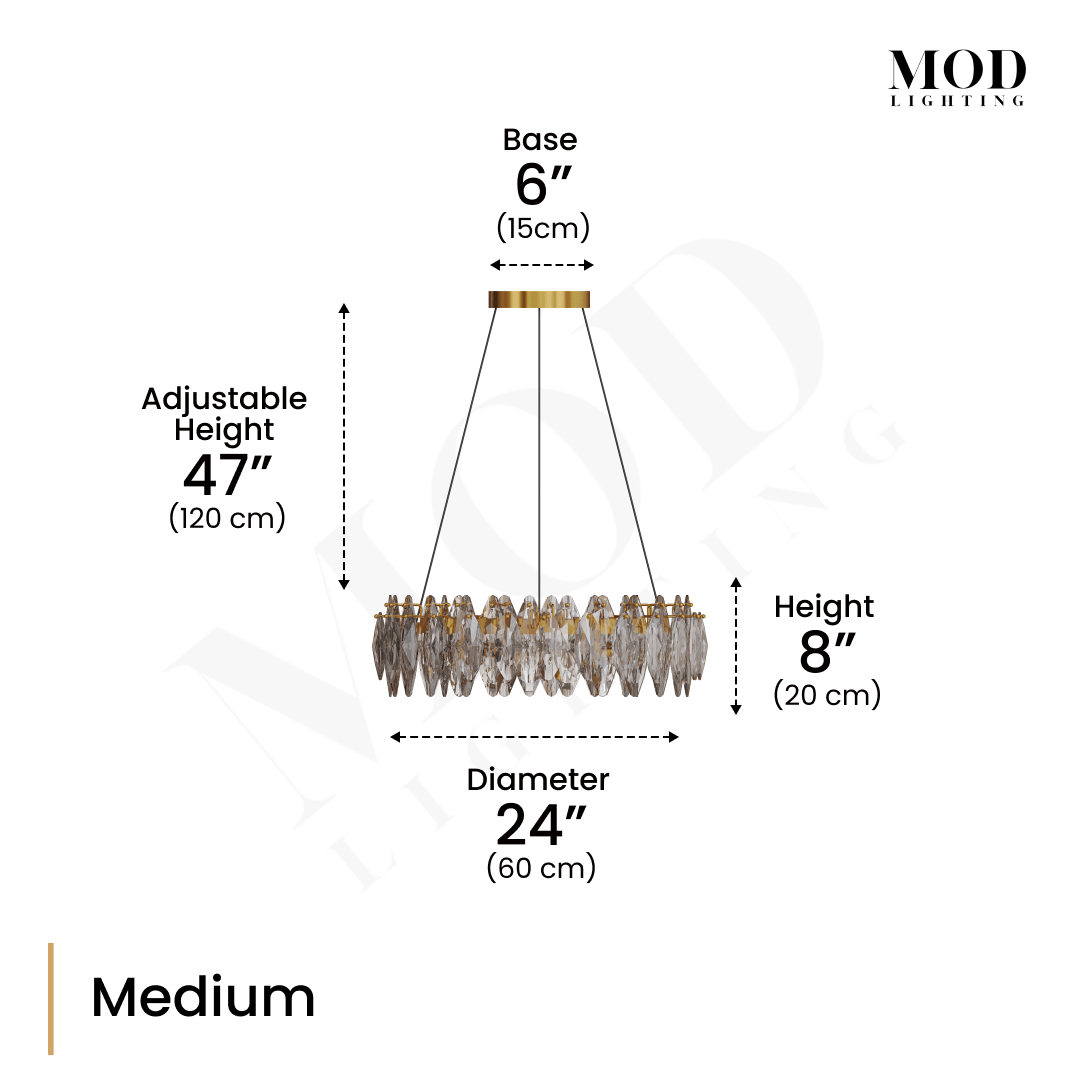 Celestial Medium crystal chandelier dimension diagram: 6" base, 24" diameter, 8" tall, 47" drop