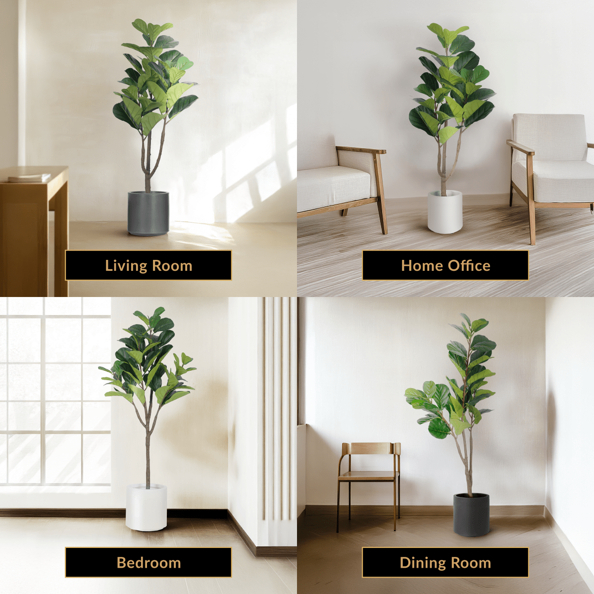 Fiddle Leaf Fig artificial tree in white and grey pots, staged in a living room, office, bedroom and dining room