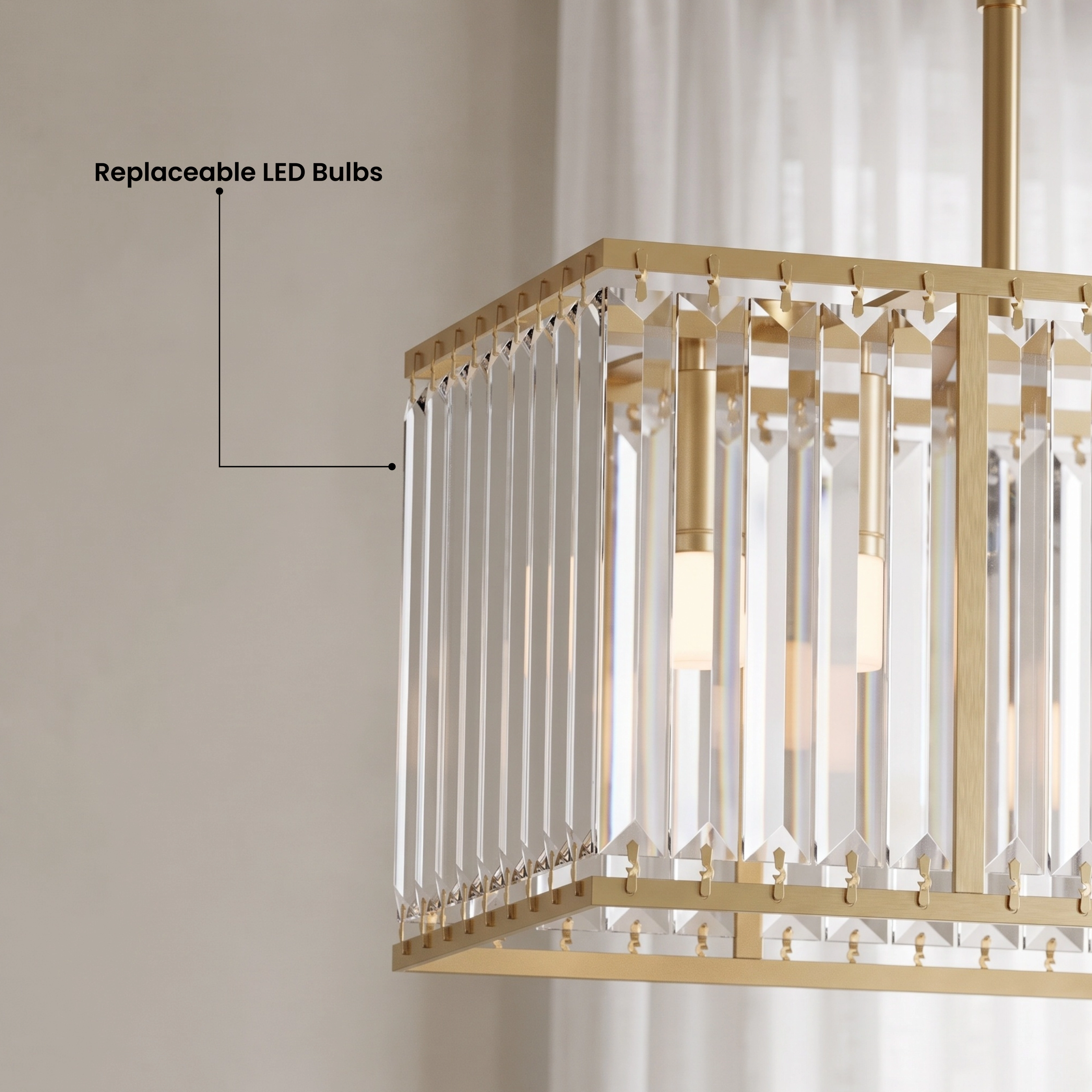Gabriella black crystal-bar chandelier in warm-white 3000K over a dining table, noting two available sizes