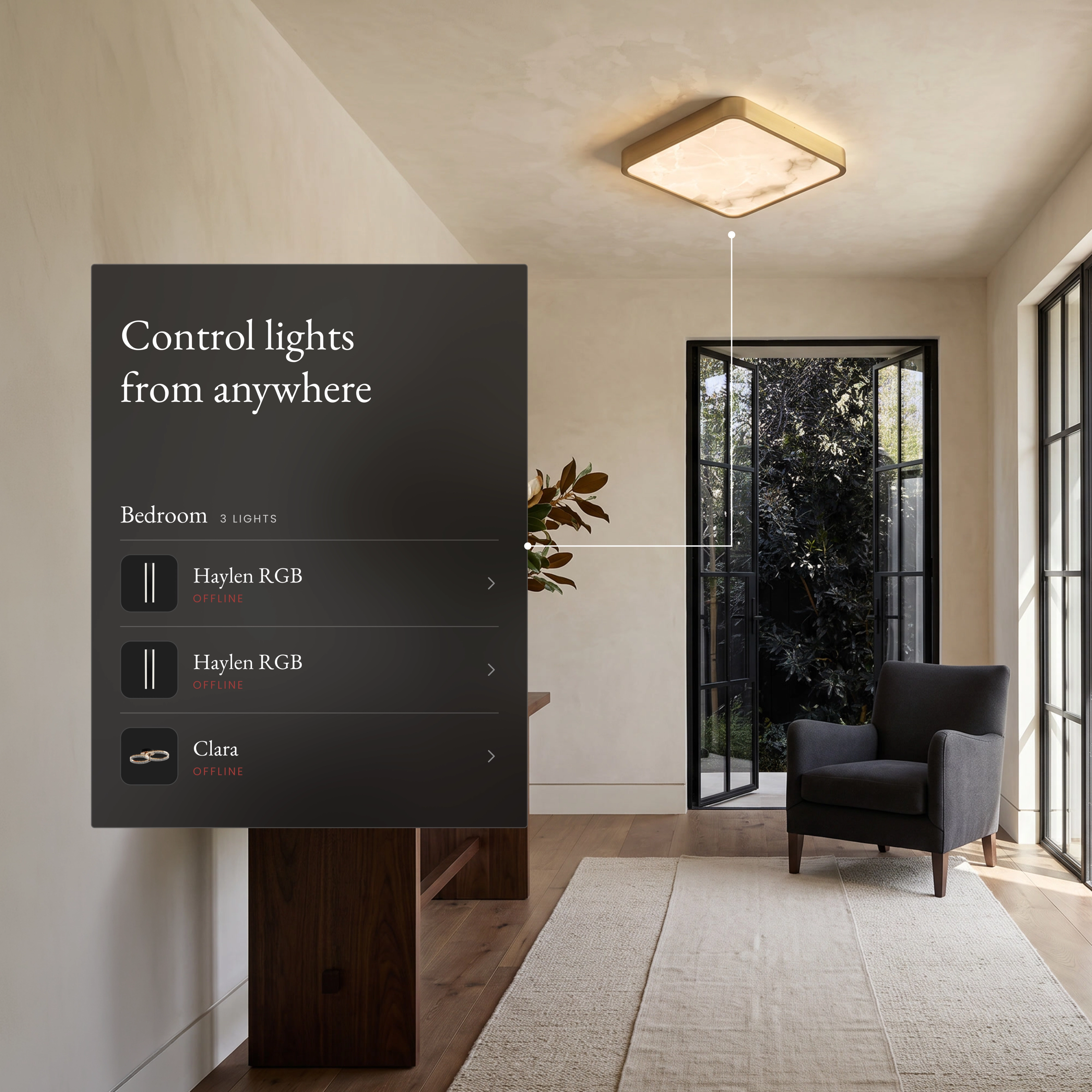 Selene Smart square alabaster ceiling light in a living room beside an app panel controlling lights from anywhere
