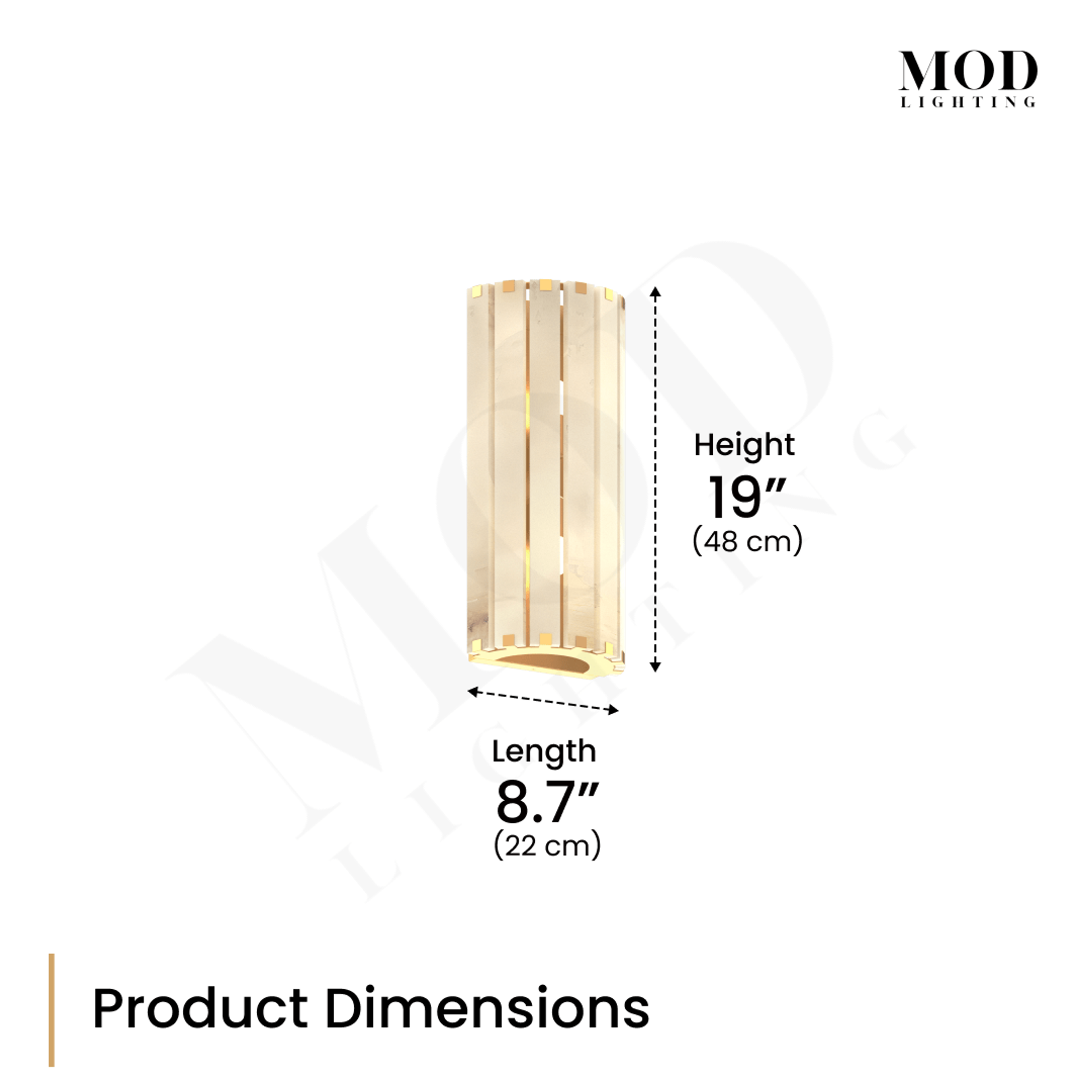 Nala alabaster sconce dimension diagram: grooved stone cylinder, 19" height, 8.7" length