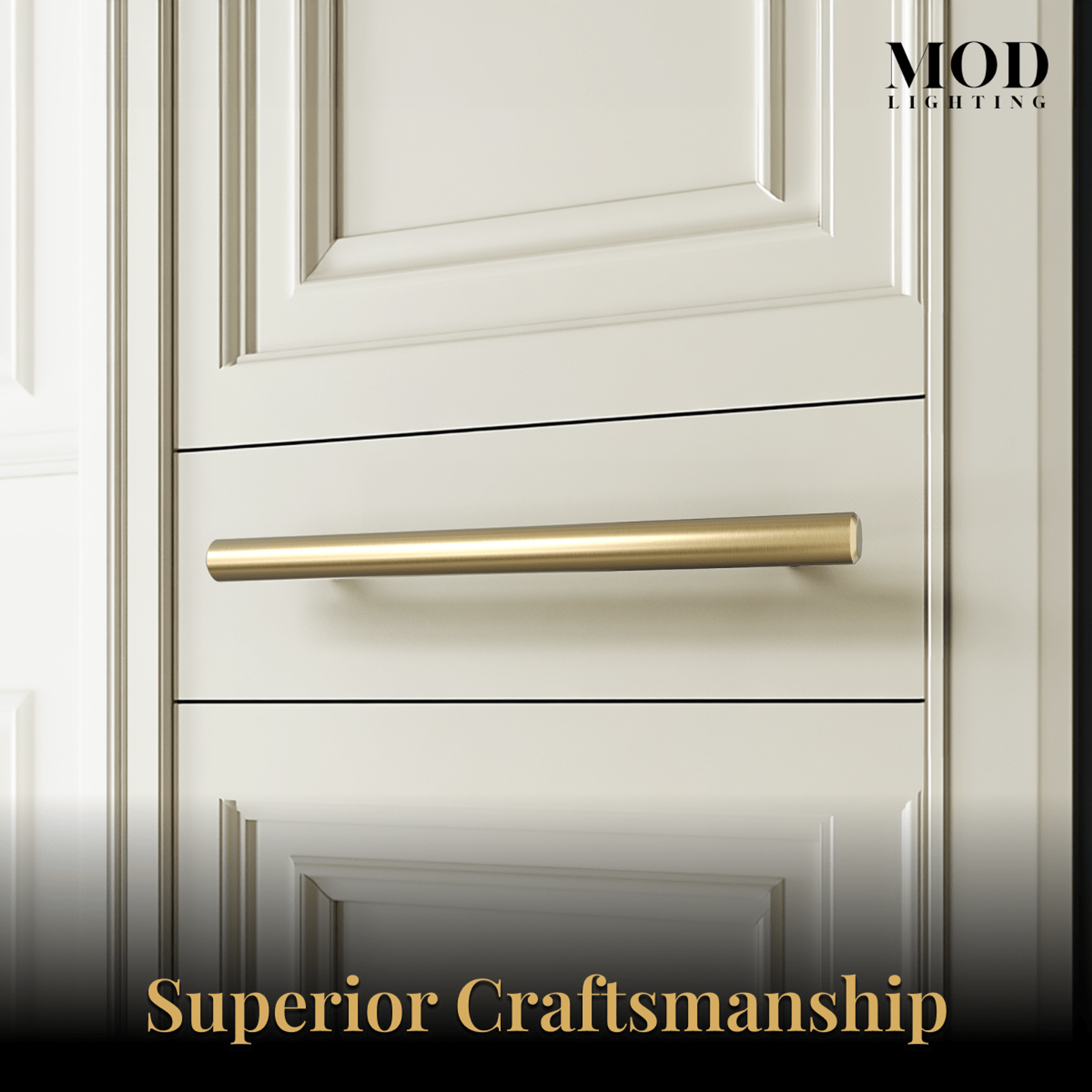 Alison brushed-gold bar cabinet pull mounted on a cream paneled drawer front