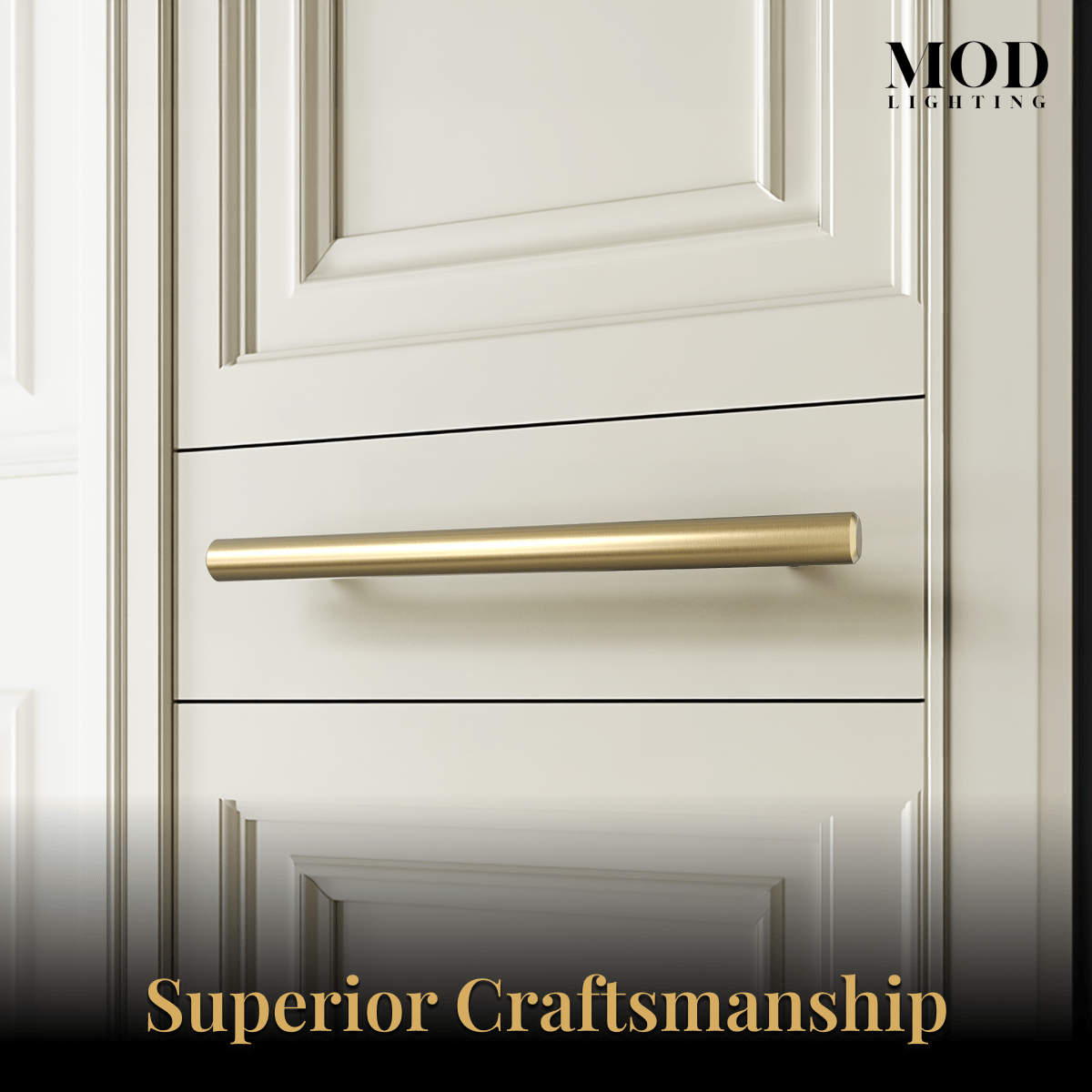 Alison brushed-gold bar cabinet pull mounted on a cream paneled drawer front