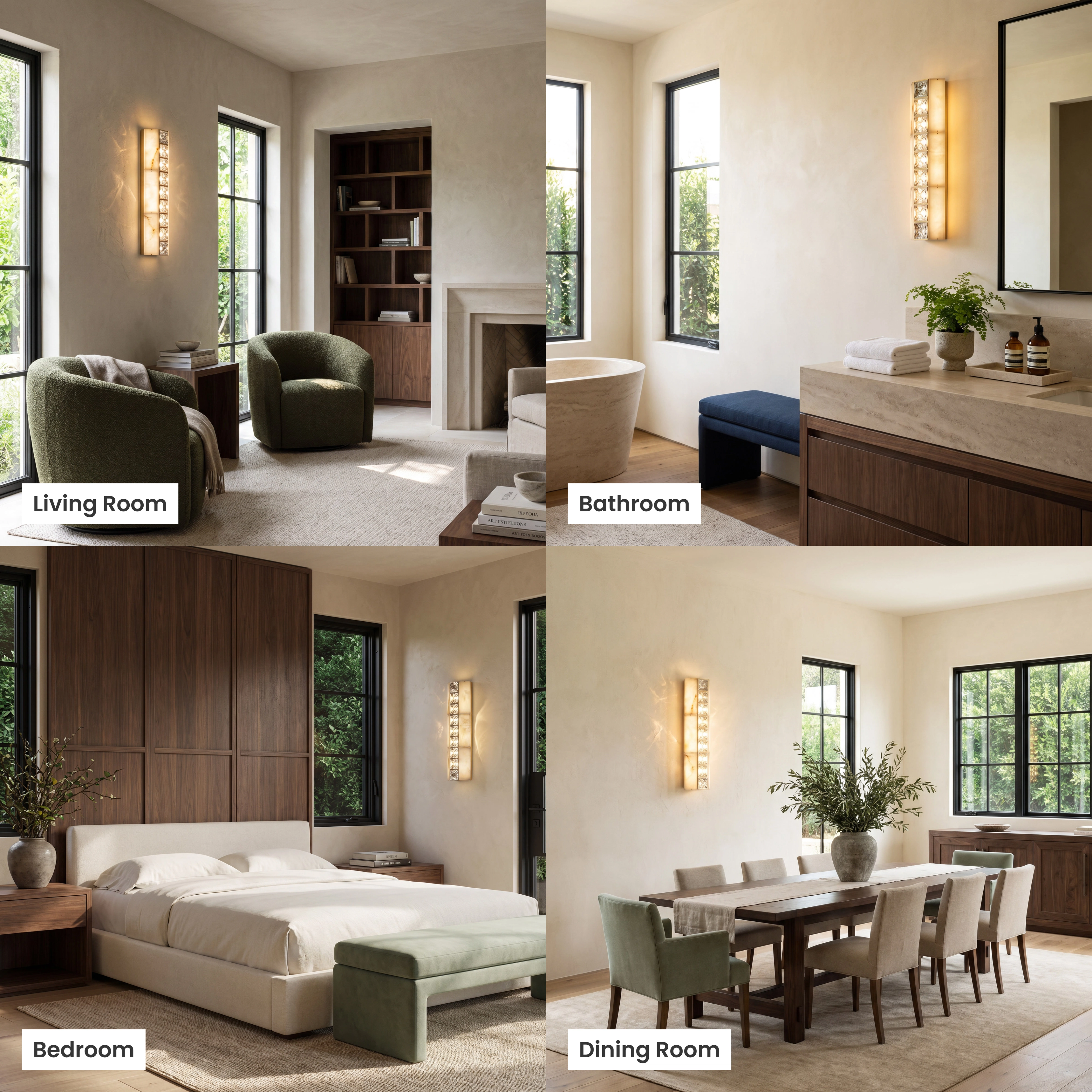 Seraphine Sconce Smart crystal wall sconce shown in a living room, bathroom, bedroom and dining room