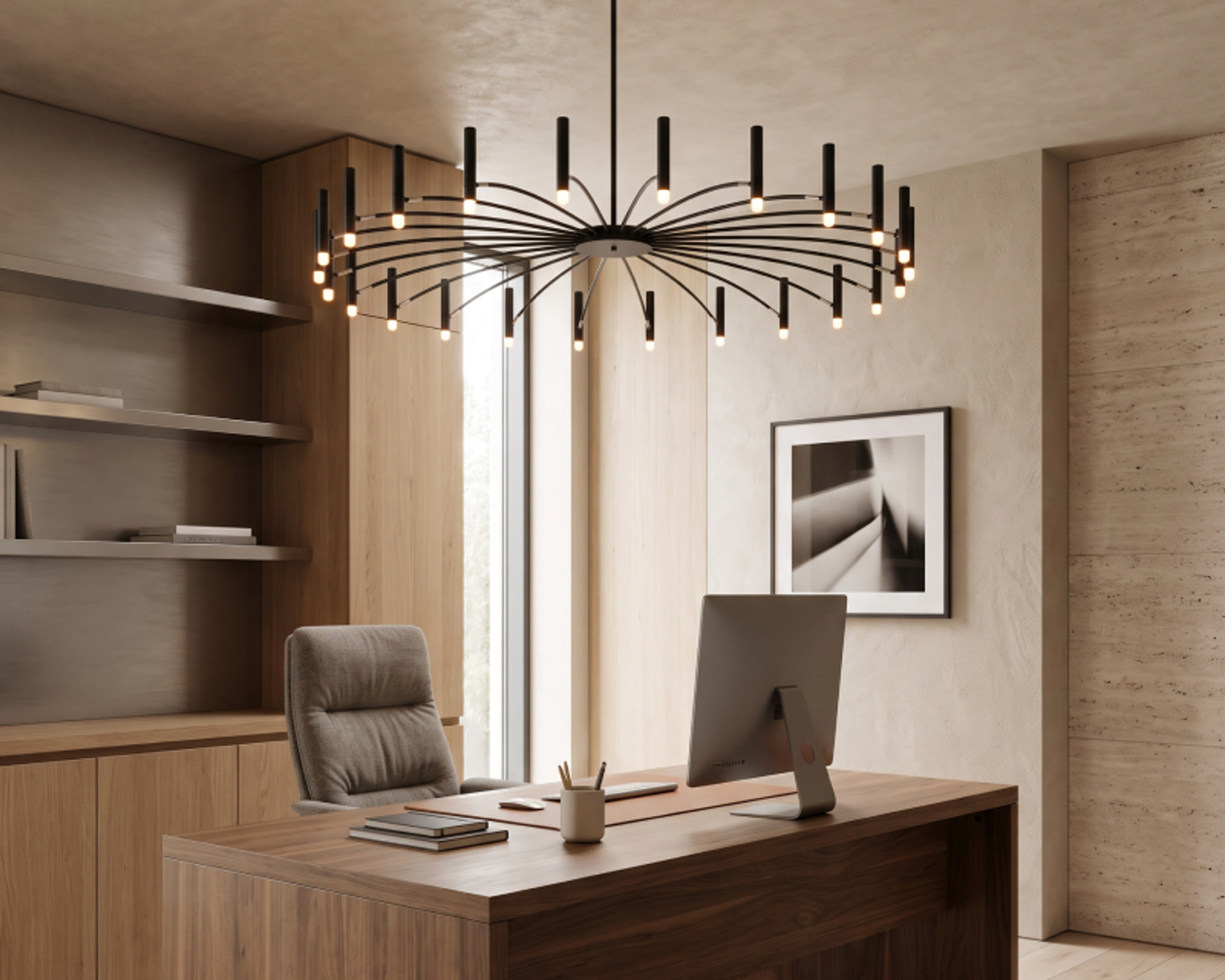 Amara woven chandelier over a home office desk