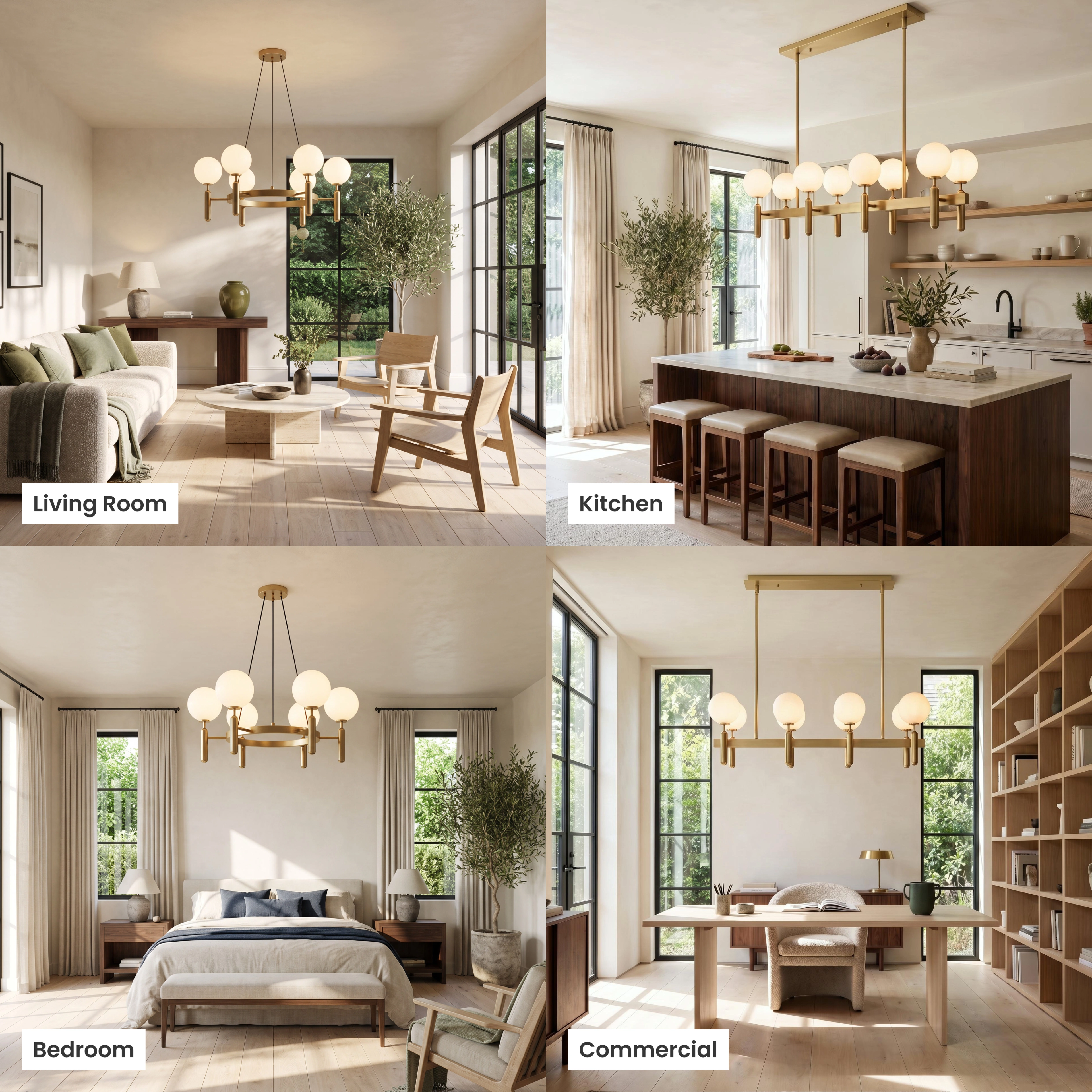 Angelica gold chandelier with white opal-glass globes shown in living, dining, bedroom and commercial rooms