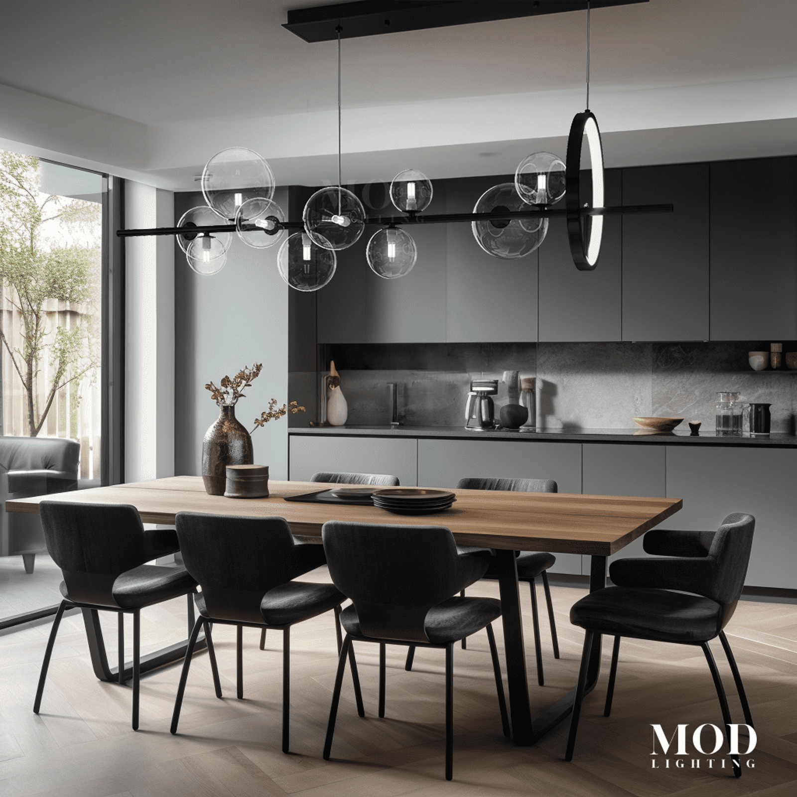 Bailey chandelier, linear black frame with clear glass globe bulbs and a ring, over a kitchen dining table
