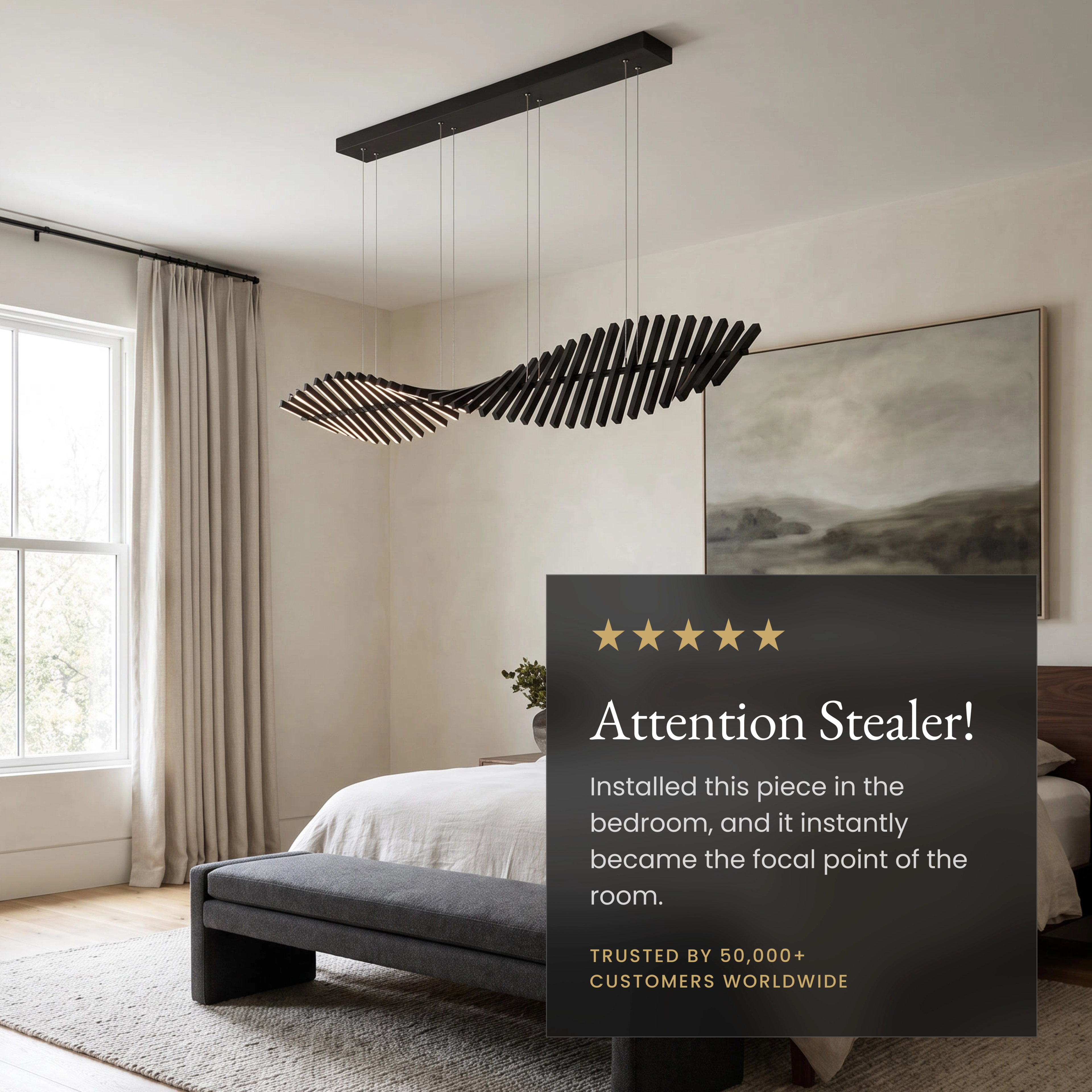 Sylas pendant, black staggered light bars in a spindle silhouette, over a dining table