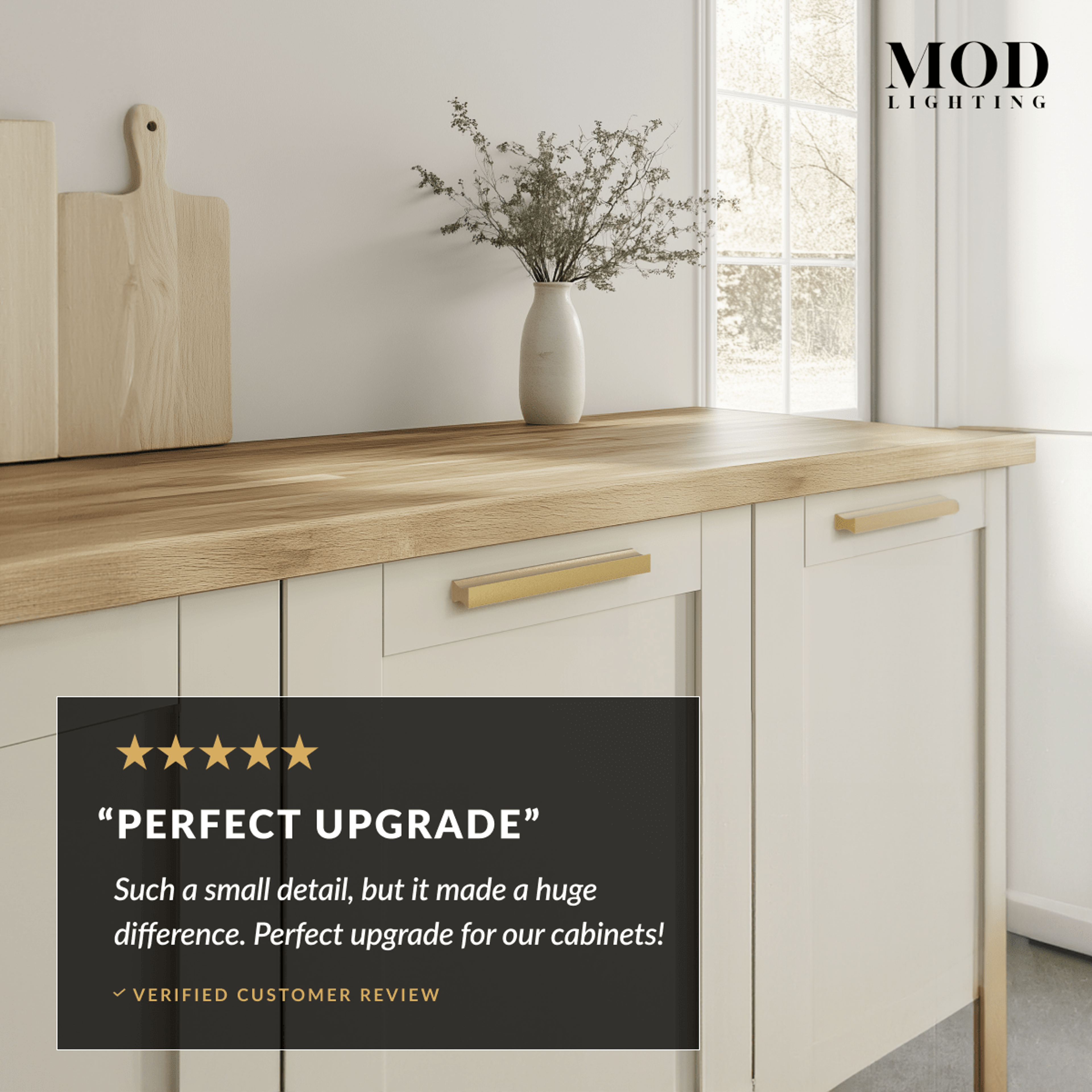 Iris brushed-gold edge cabinet pull on light wood kitchen drawer with a five-star review overlay reading Perfect Upgrade