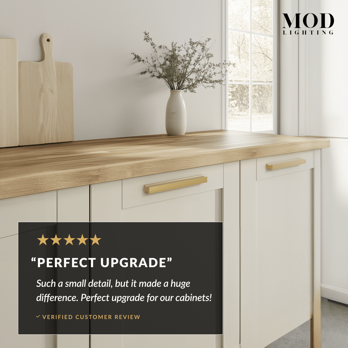 Iris brushed-gold edge cabinet pull on light wood kitchen drawer with a five-star review overlay reading Perfect Upgrade