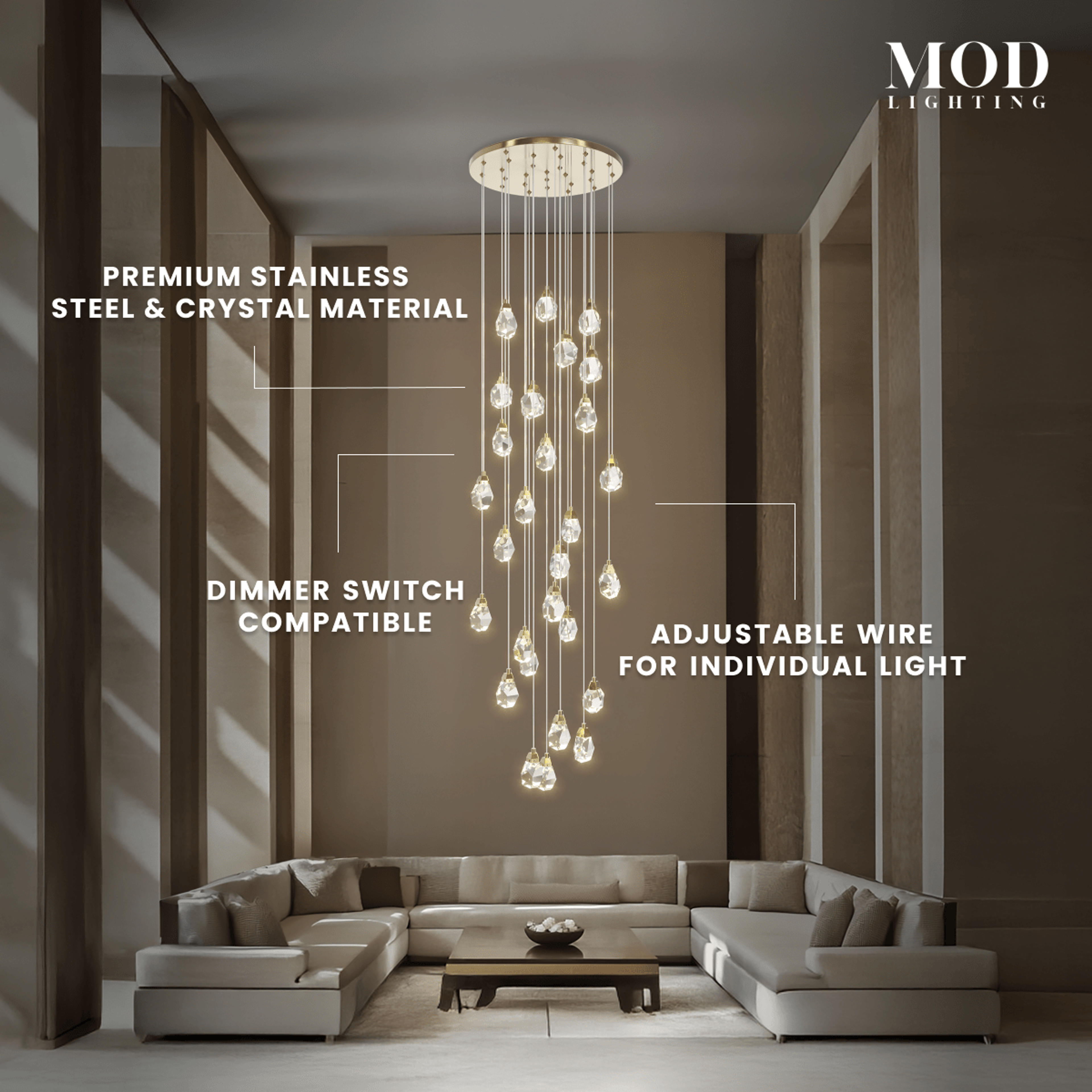 Hailstone cascading crystal-drop chandelier in a stairwell, labeling stainless-steel, dimmer and wire features