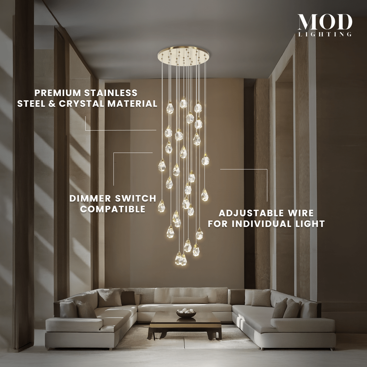 Hailstone cascading crystal-drop chandelier in a stairwell, labeling stainless-steel, dimmer and wire features