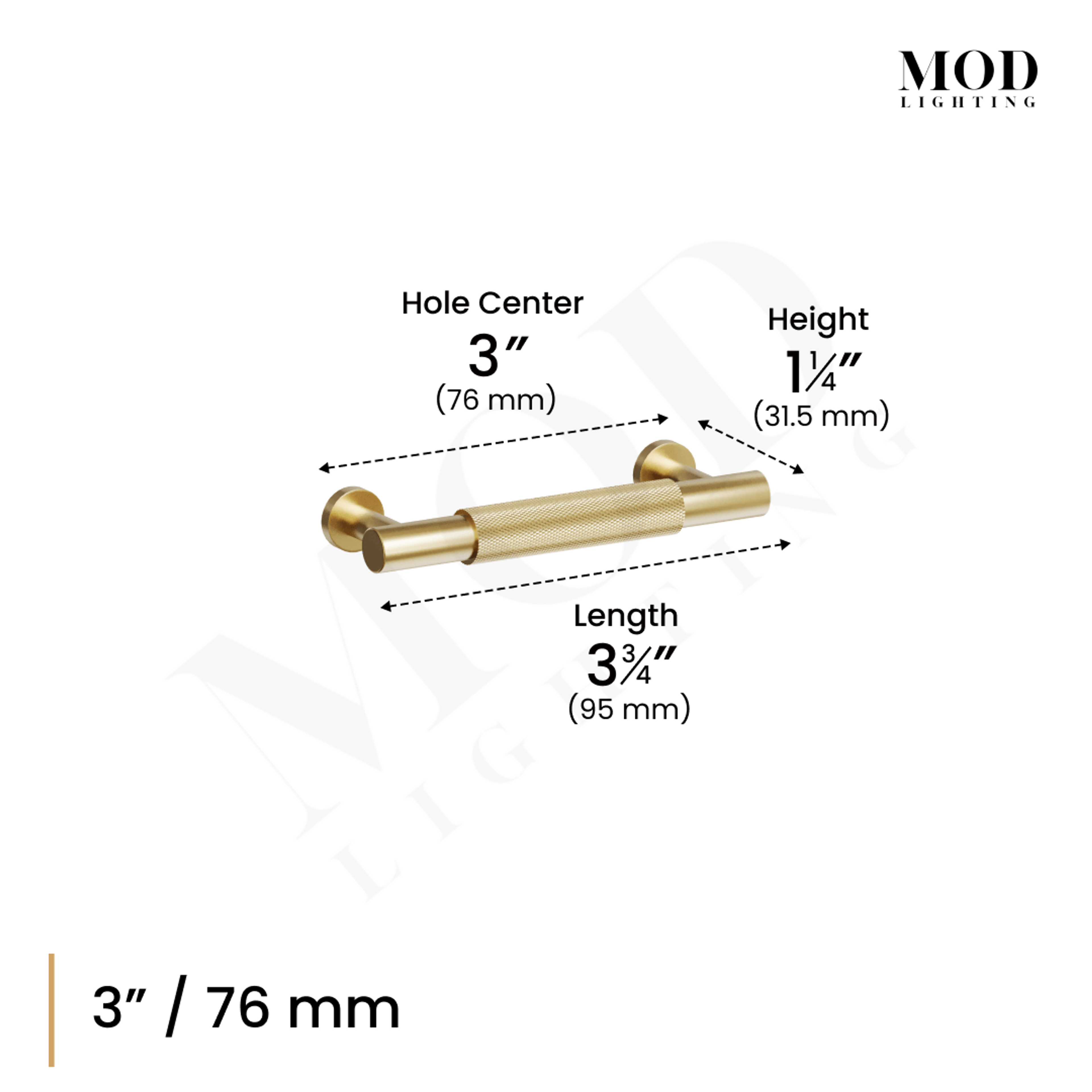 Wellesley brushed-gold cabinet pull dimension diagram: 3 in (76 mm) hole center, 3.75 in length, 1.25 in height