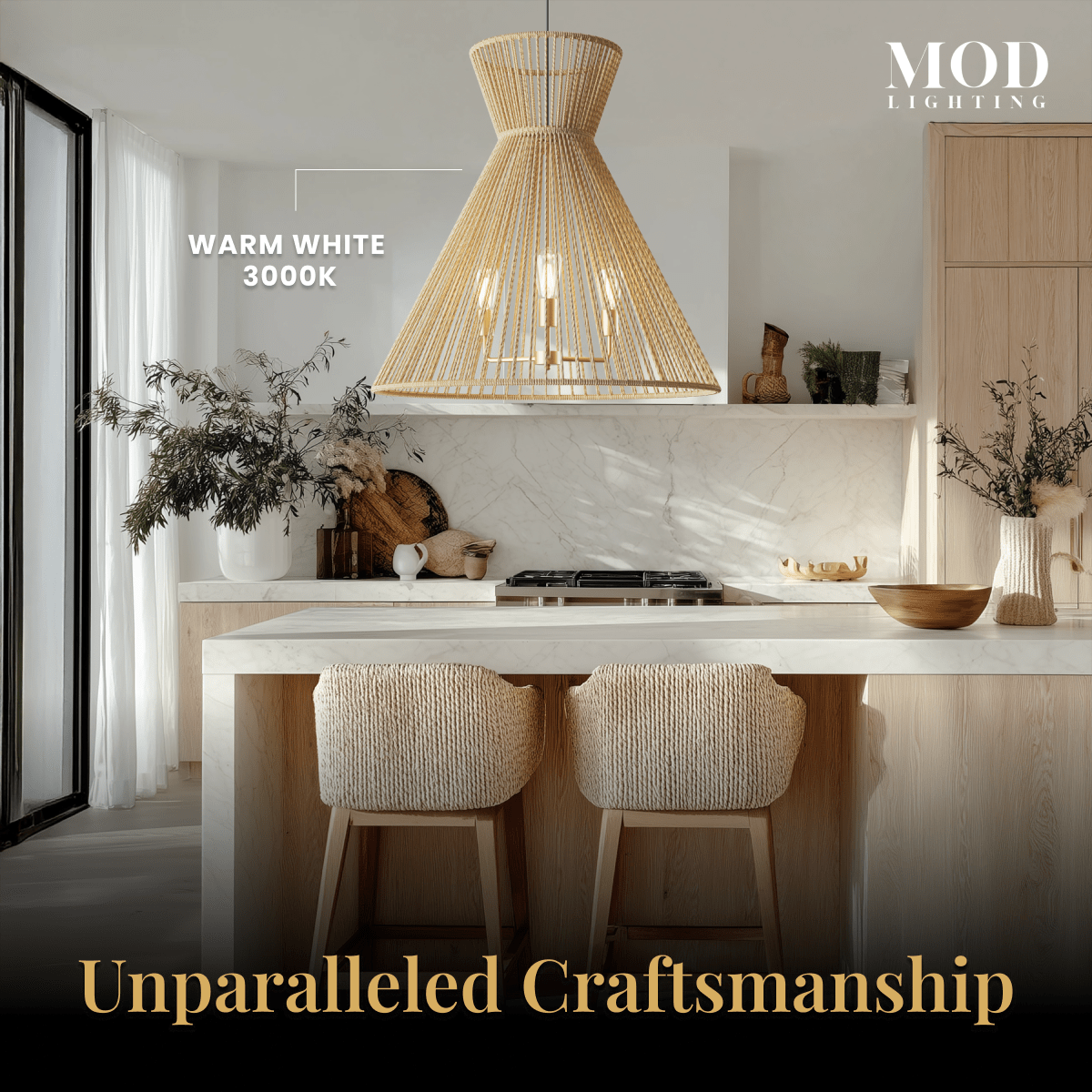 Isla hemp rope pendant, flared hourglass cone form, over a kitchen island in warm white, 3000K