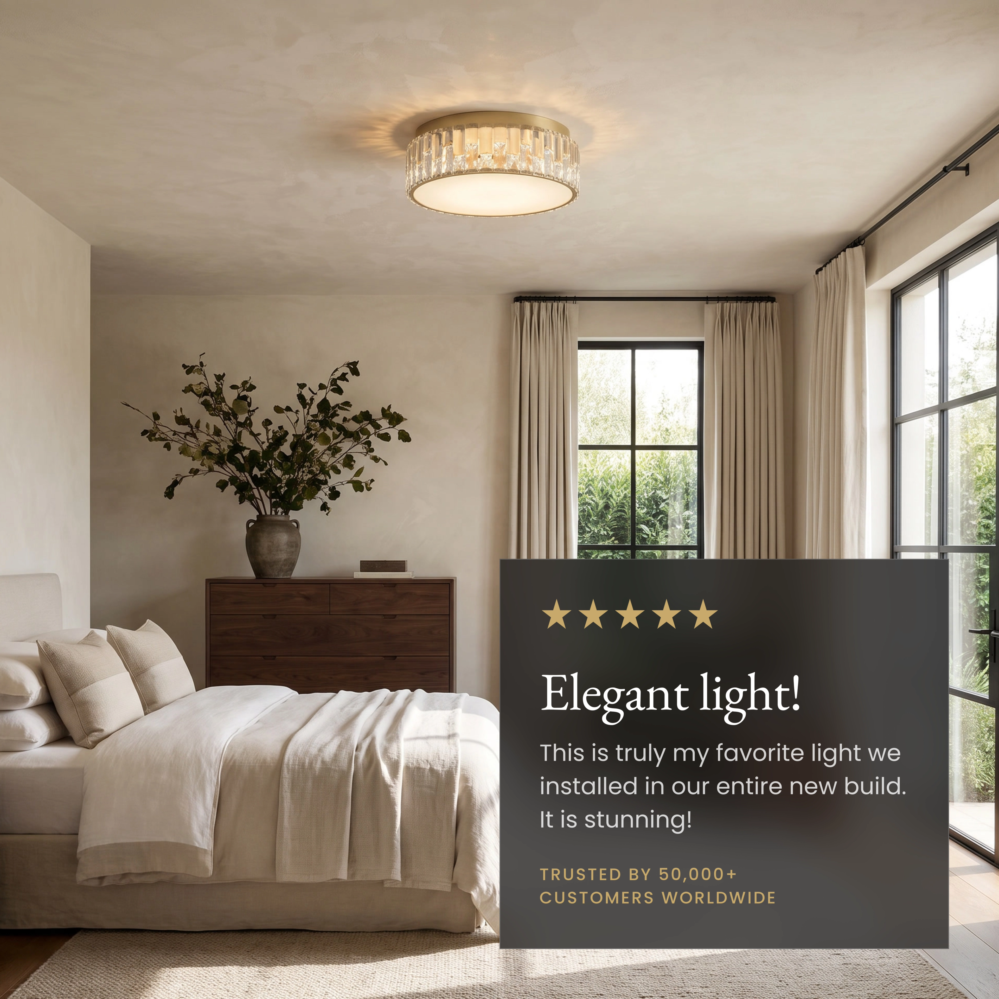 Elara brushed-gold crystal drum flush-mount on ceiling above a sofa, labeled dimmable with replaceable LED strip