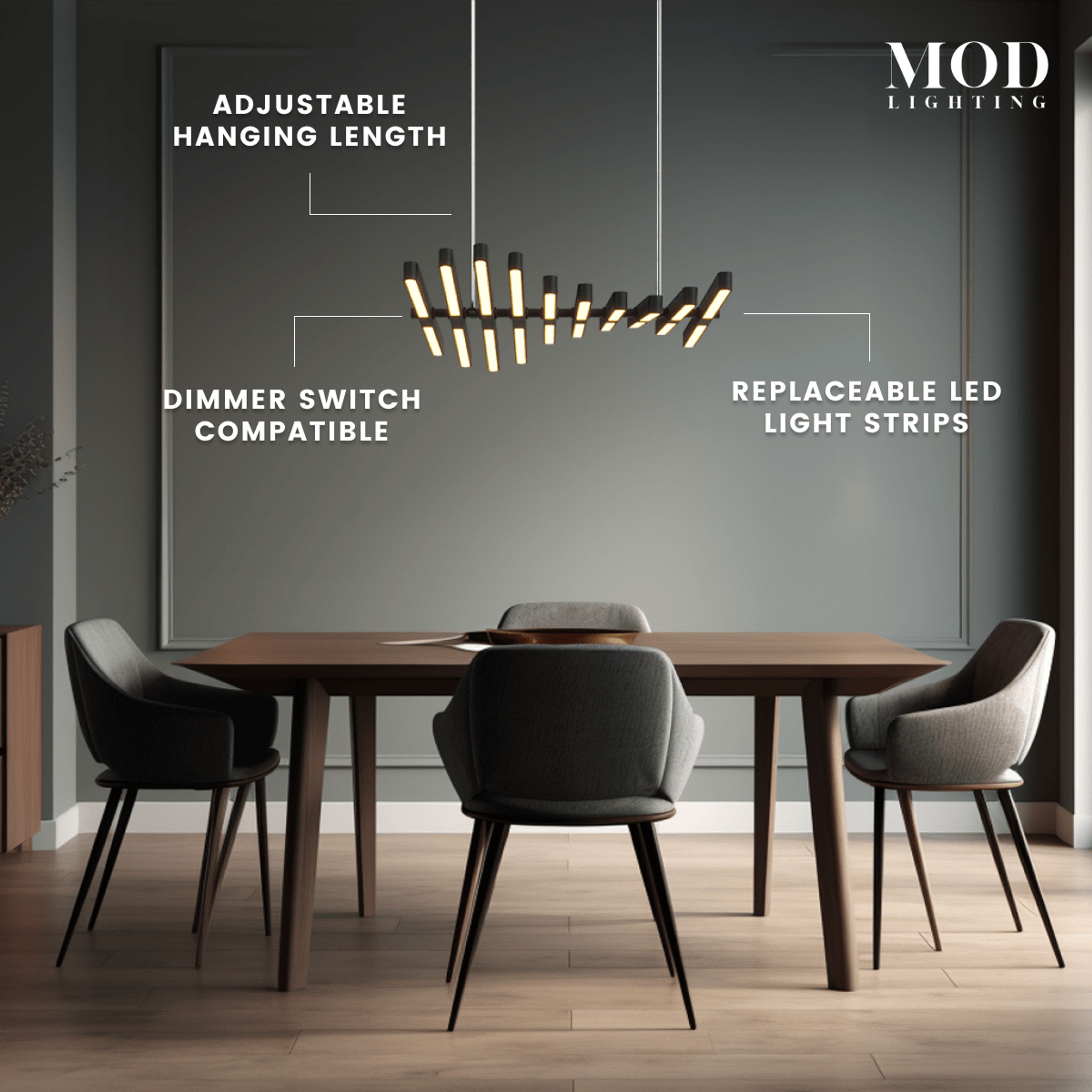 Sylas pendant, black staggered light bars in a spindle silhouette, over a dining table