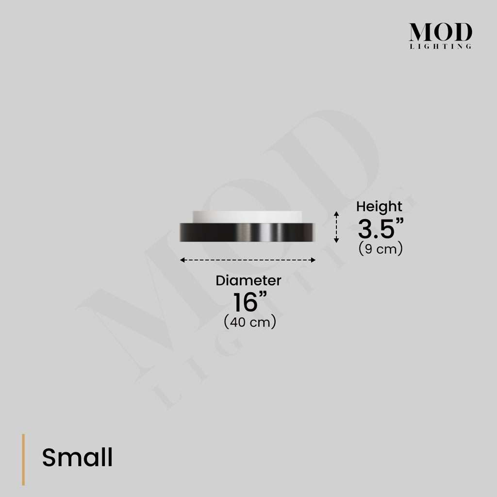 Bryce ceiling light dimension diagram, Small: 16 in (40 cm) diameter, 3.5 in (9 cm) height, black-and-white profile