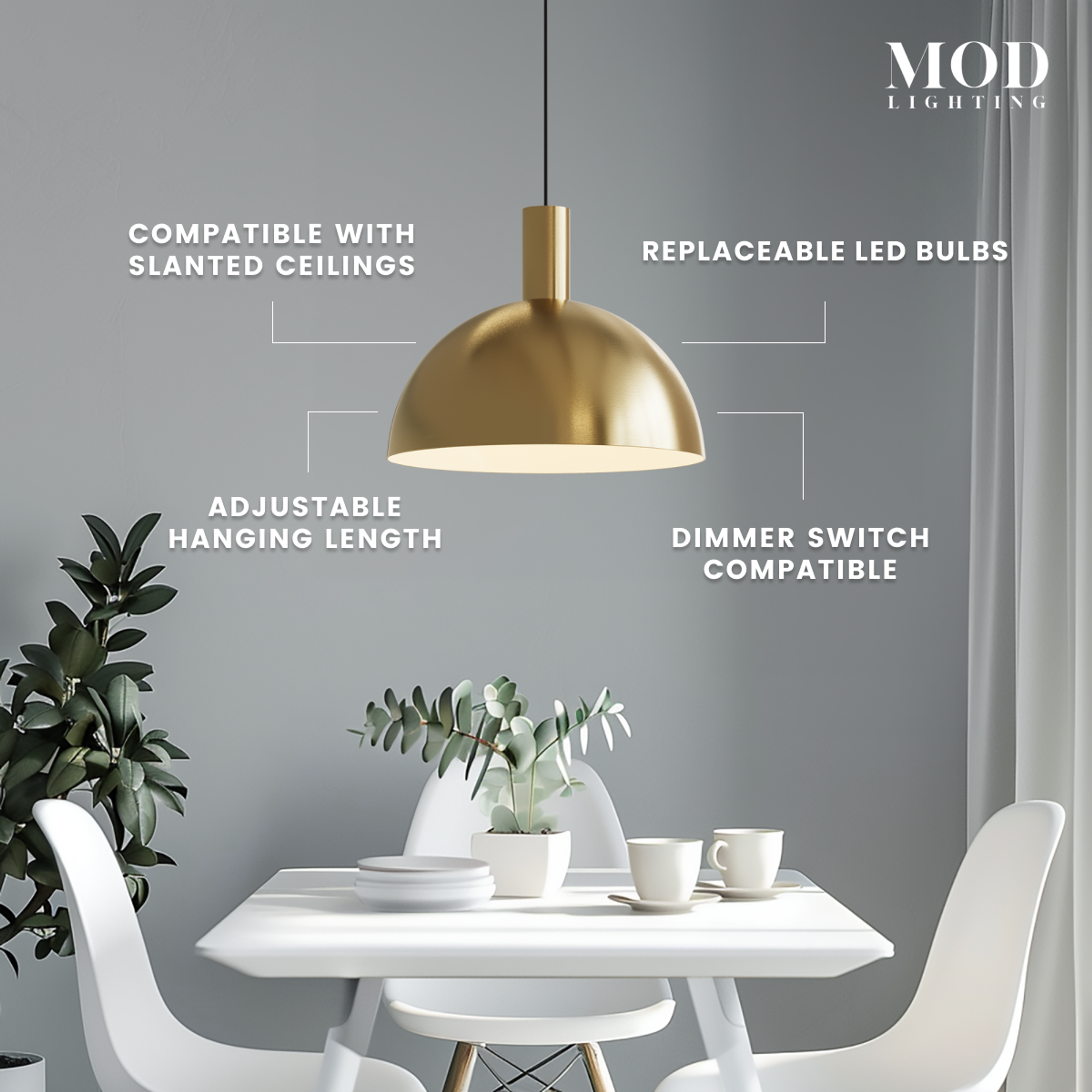 Kinsley gold dome pendant with callouts: slanted-ceiling compatible, replaceable LED, adjustable, dimmable