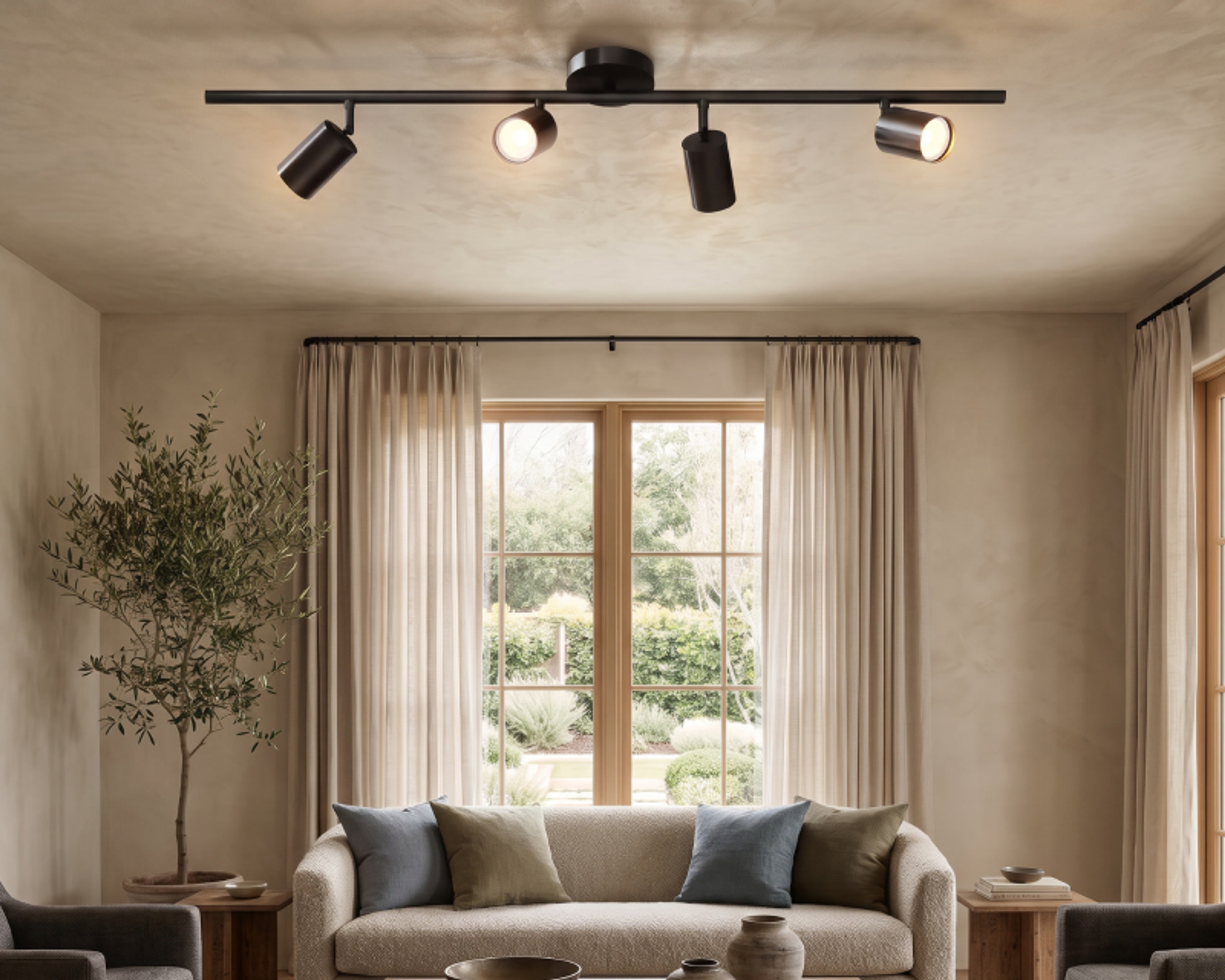 Spiral ceiling light, black rings, in a living room