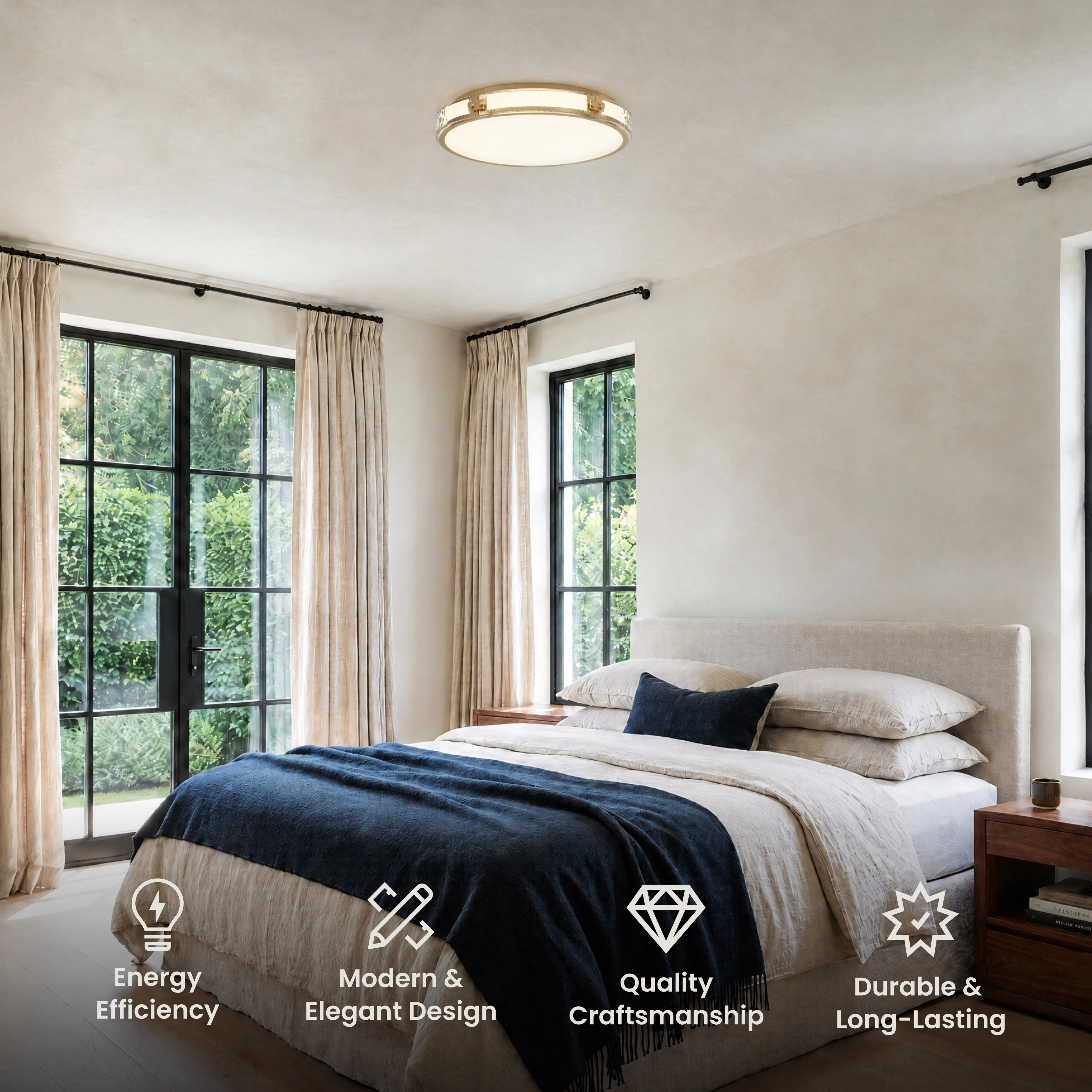 Orielle ceiling light, low-profile round brushed gold flush mount with faceted crystal band