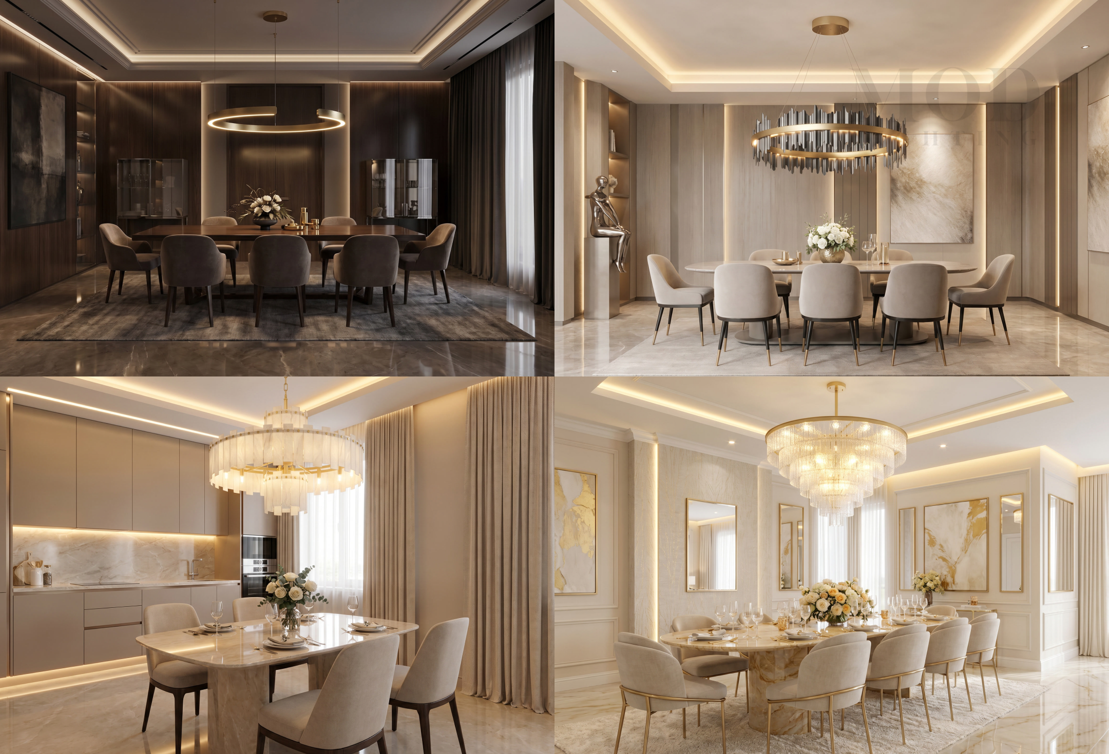 minimalist, sculptural, warm contemporary, and glamorous