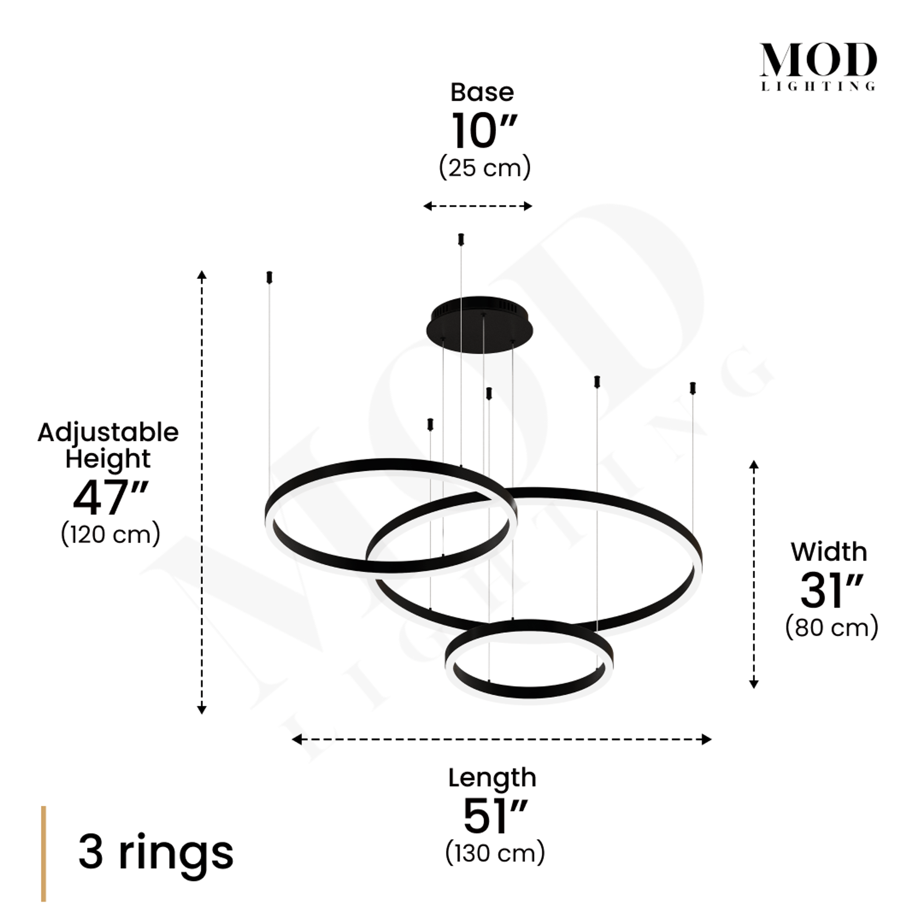 Charlotte black three-ring chandelier, dimension diagram showing 51" length, 31" width and 47" adjustable height