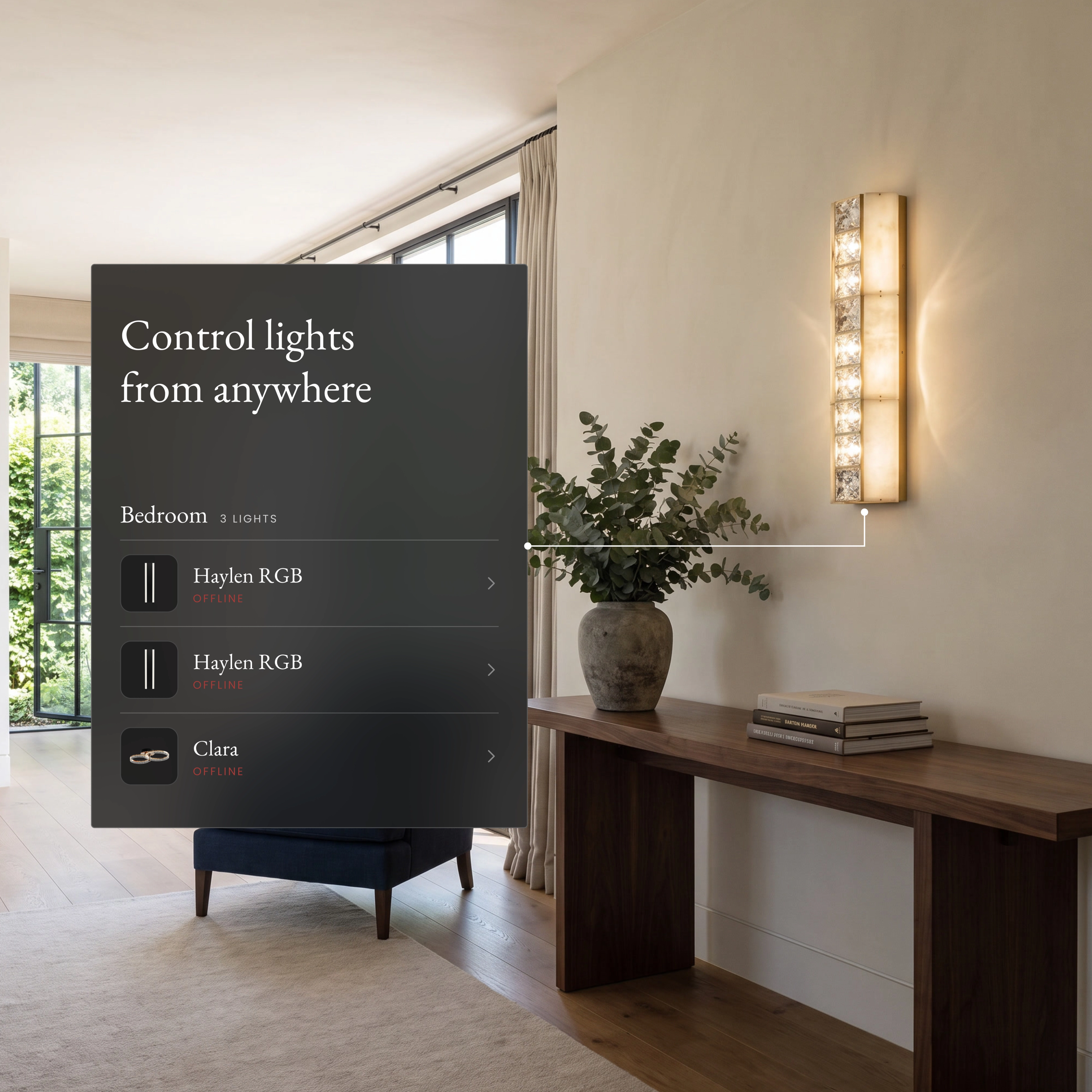 Seraphine Sconce Smart crystal wall sconce in an entryway beside an app panel controlling lights from anywhere