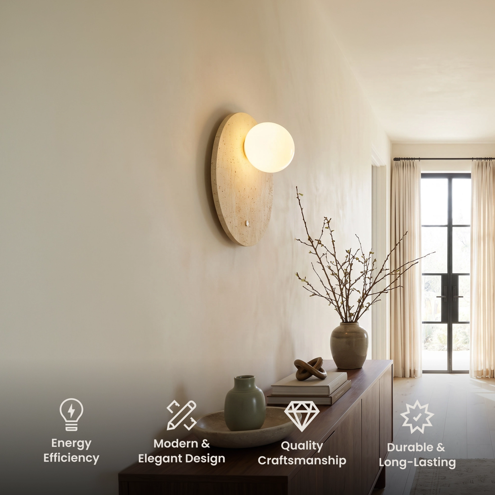 Arabella Sconce, round travertine stone disc with a warm globe bulb on a stone wall