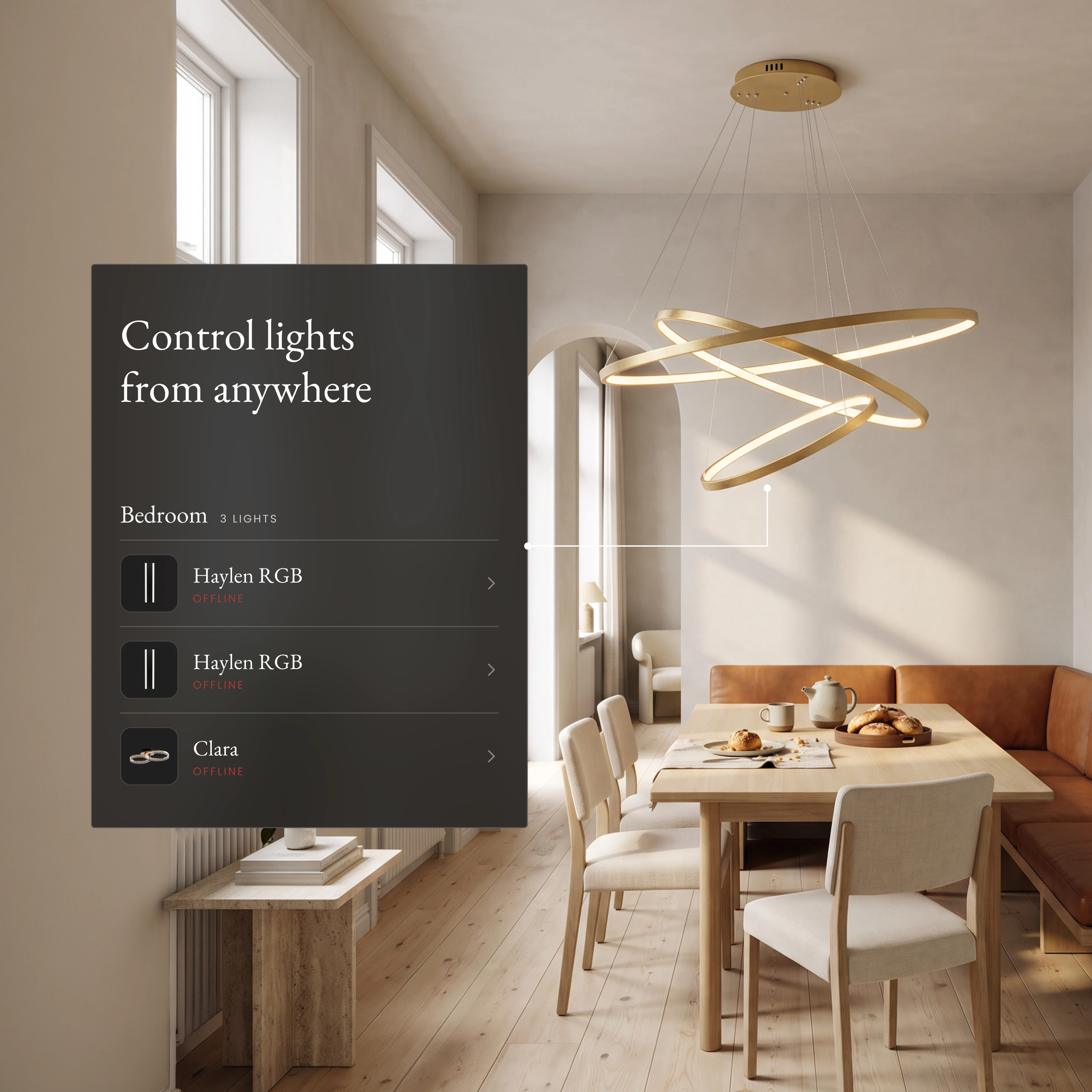 Janet Smart ring chandelier over a dining table beside an app panel controlling lights from anywhere