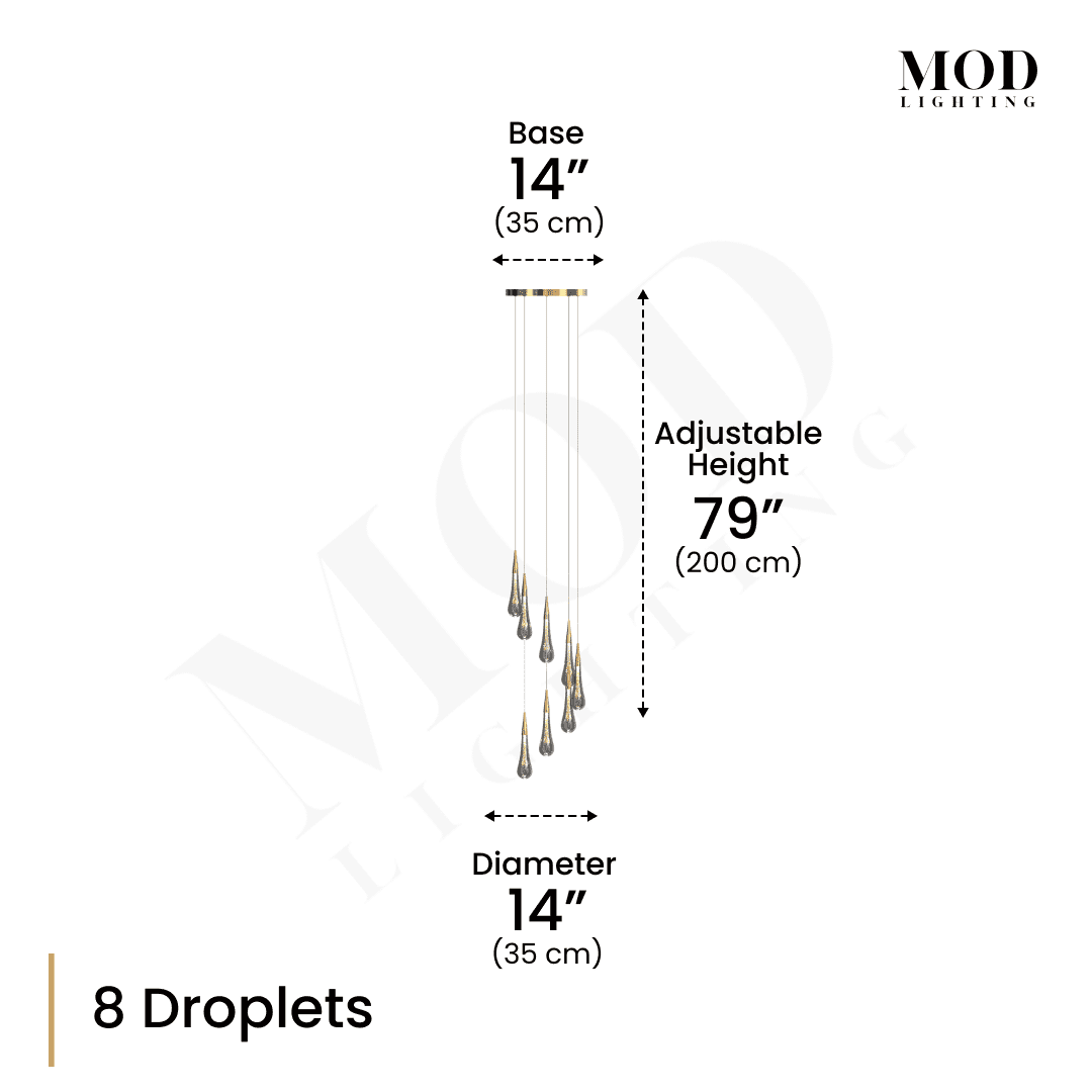 Indra dimension diagram, 8 gold-tipped teardrop droplets, 14" base and diameter, 79" adjustable height